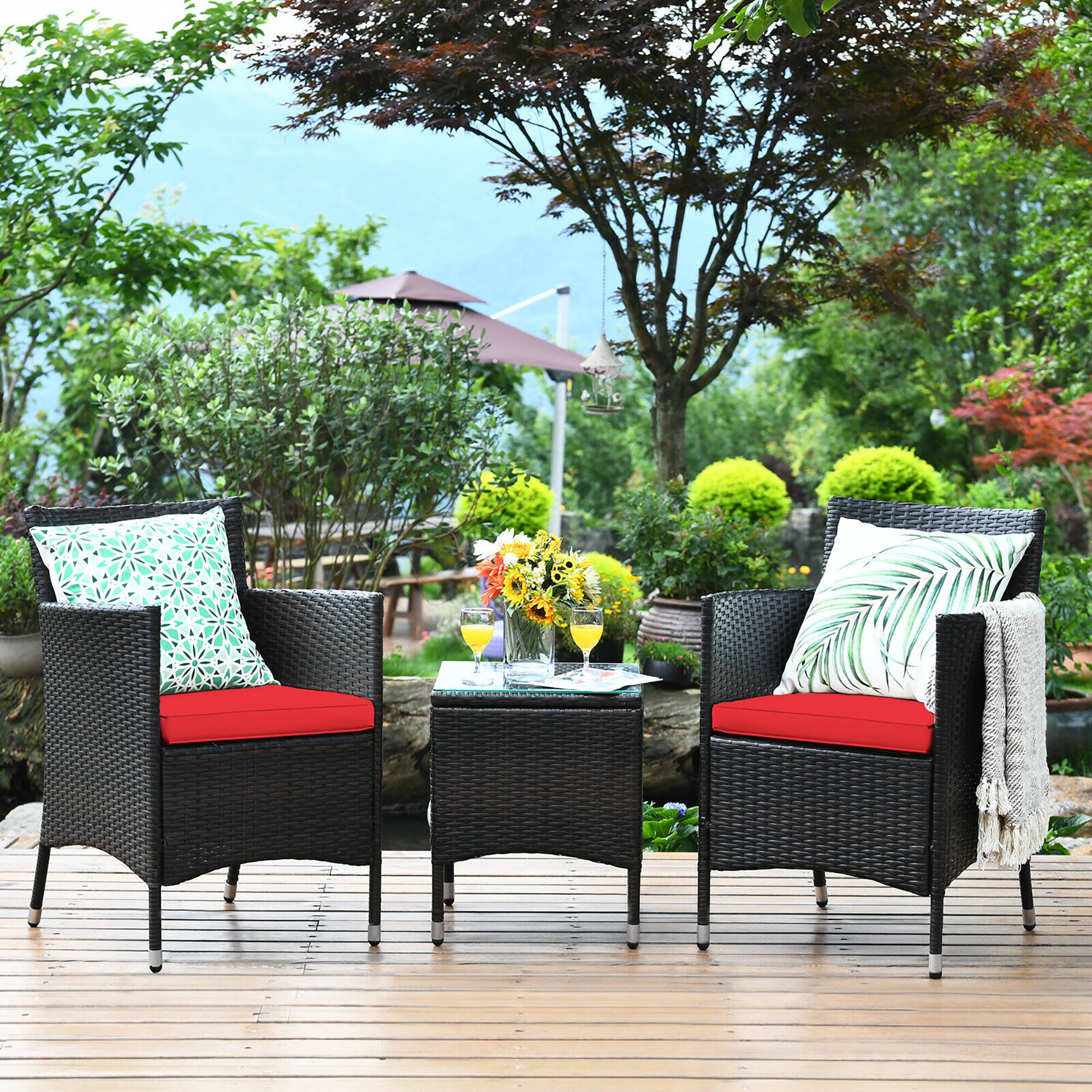 Alt View 1. Costway - Outdoor 3 PCS PE Rattan Wicker Furniture Sets Chairs  Coffee Table Garden - Red.