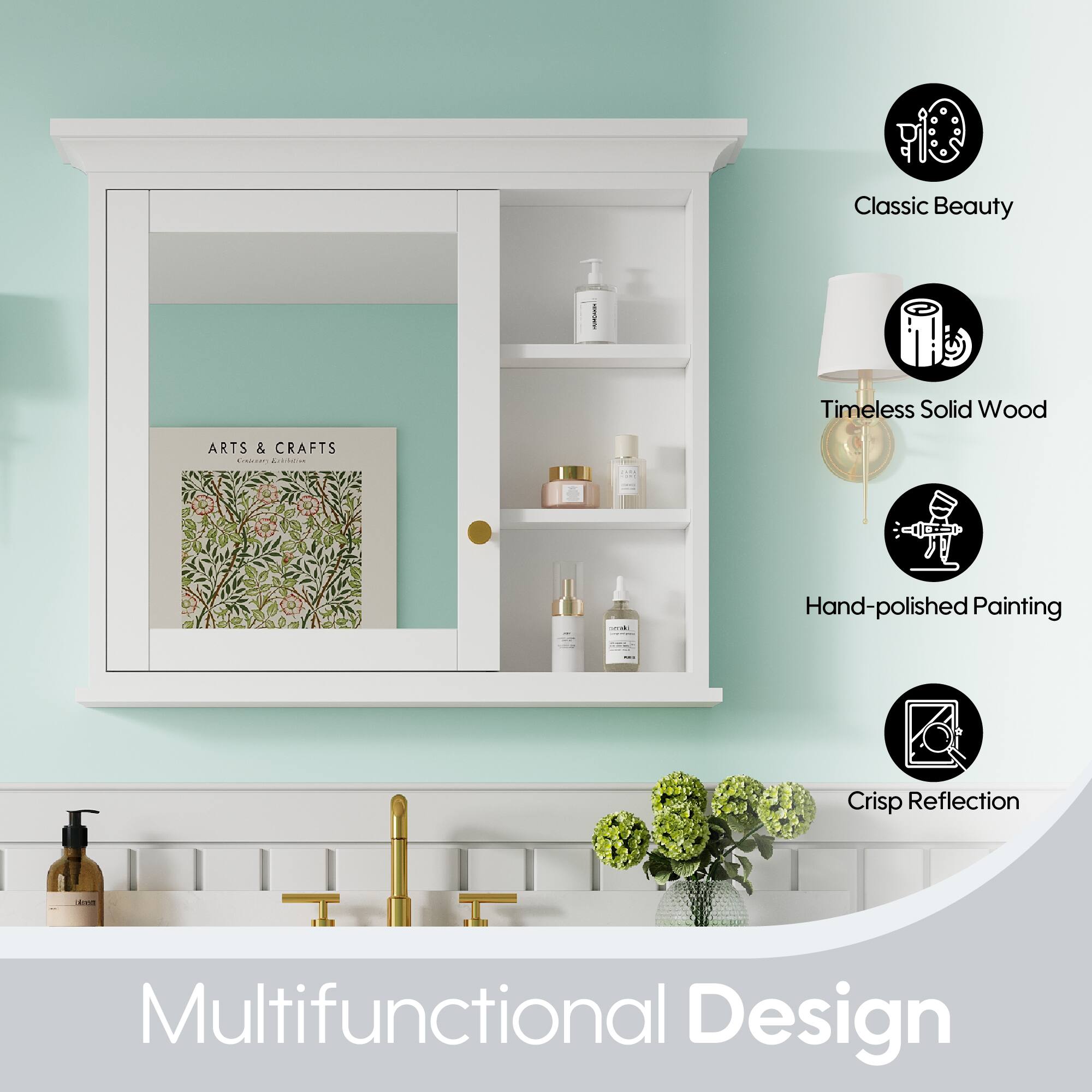 Classic Beauty  
Timeless Solid Wood  
ARTS & CRAFTS  
Hand-polished Painting  
Crisp Reflection  
Multifunctional Design