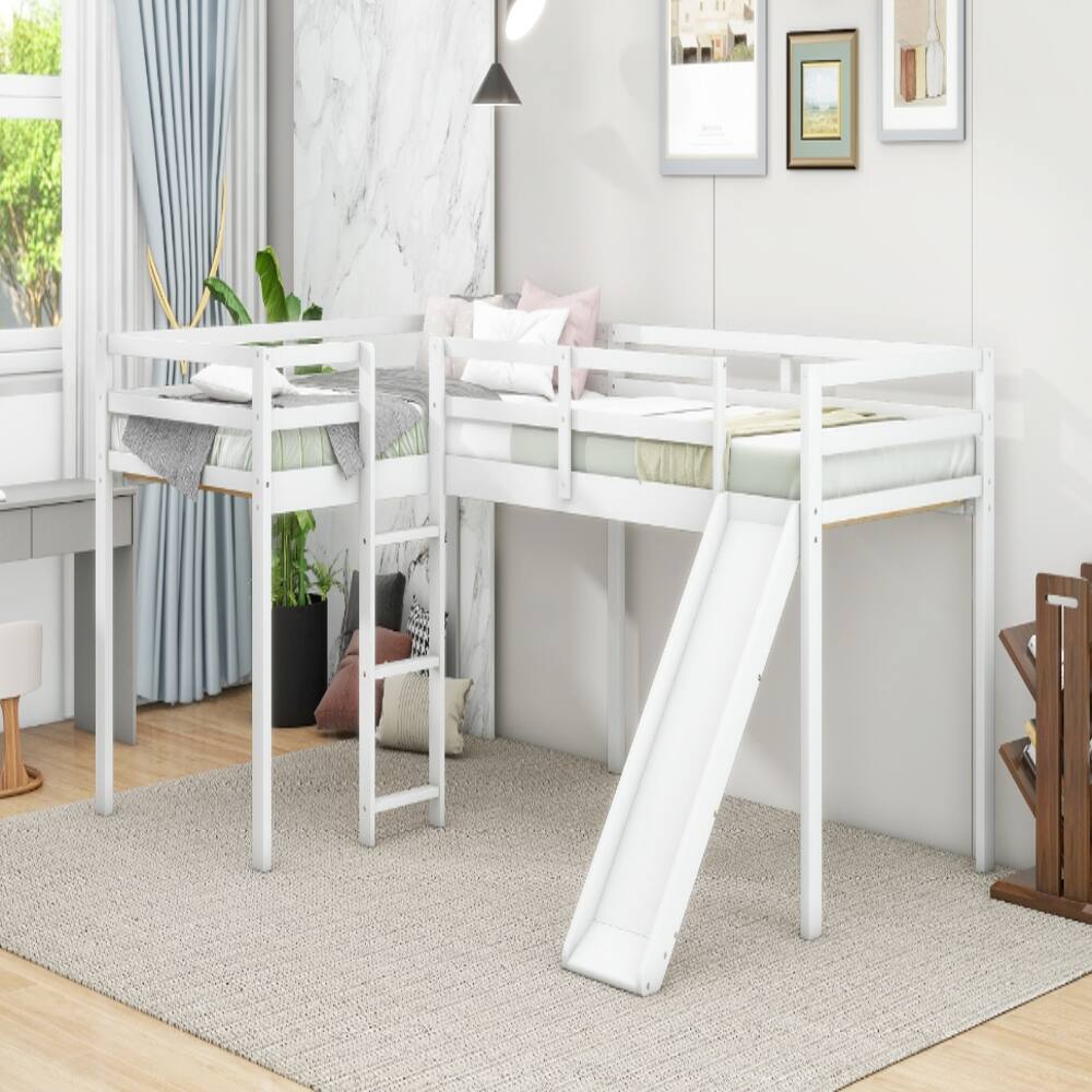 Back. Loheer - Loheer L-Shaped Twin Loft Bed with Slide and Ladder, White Corner Bed - White.
