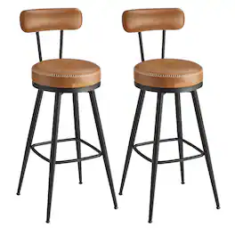 Songmics Home - Bar Stools Set of 2, Swivel Bar Height Bar Stools with Back, Synthetic Leather with Stitching, Mid-Century Modern - Caramel