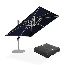 PURPLE LEAF - 12 ft. Patio Square Aluminum Solar Powered LED Cantilever Outdoor Offset Umbrella with Base for Garden Deck Pool - Navy Blue