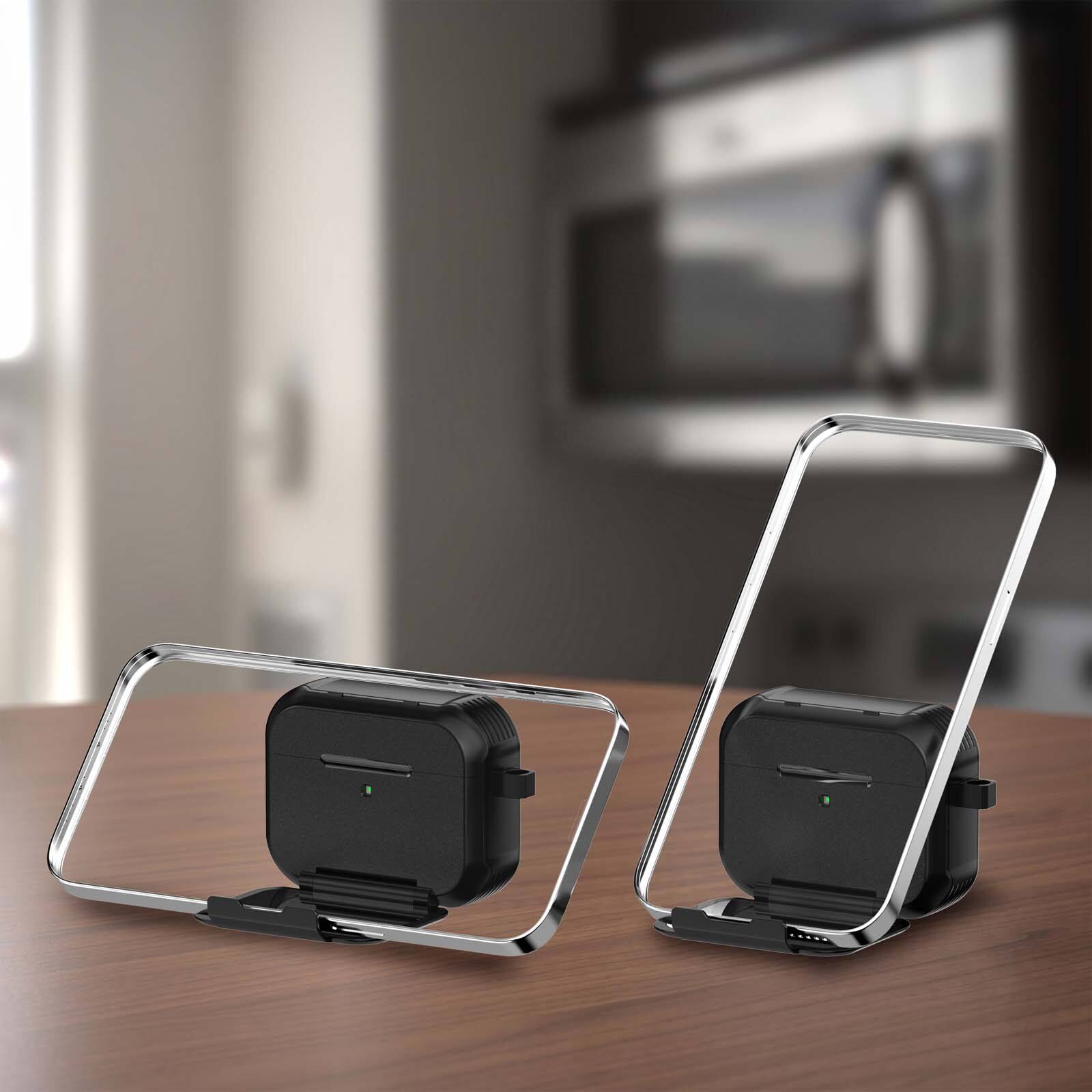 Left. Dteck - For Airpods Pro 3rd Gen (2025) Shockproof Rugged Makeup Mirror Drop Protection Case With Keychain and Stand - Silver.