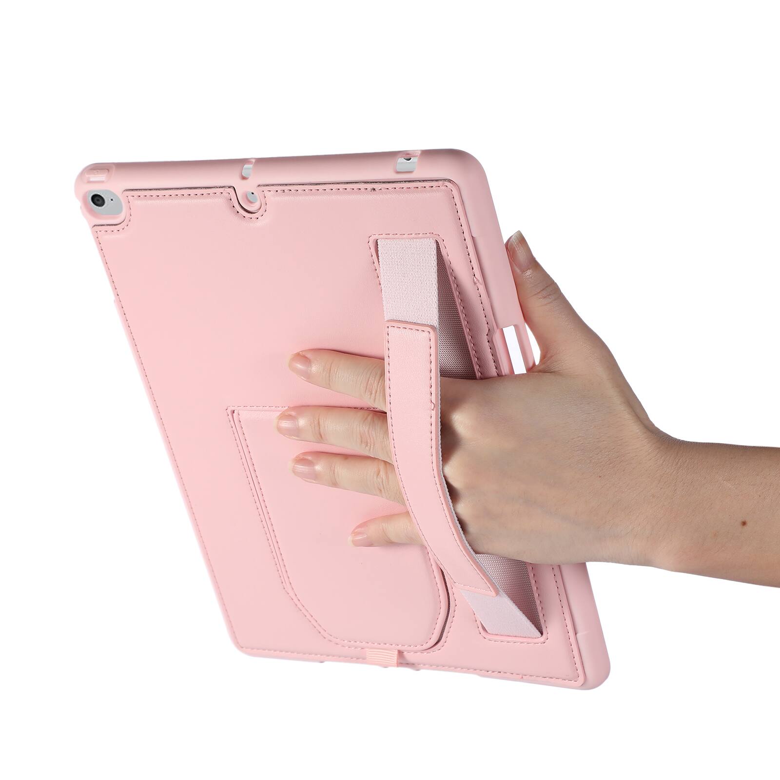 Left. Dteck - Shockproof Case for Apple iPad (6th Generation) 9.7" 2018 with Hand Strap and Kickstand, PU Leather TPU Protective Cover - Pink.