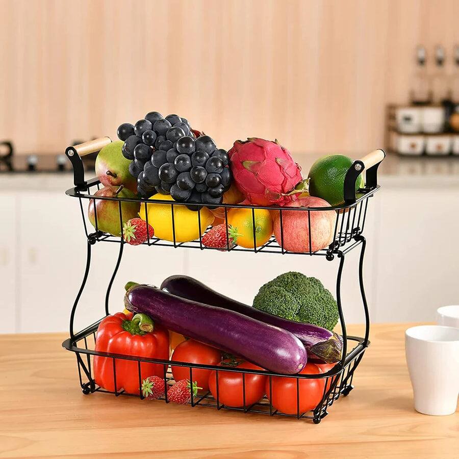 Alt View 2. Adivo - 2-Tier Fruit Basket with Double Wood Handles, Detachable Baskets, Durable Metal Kitchen Organizer - Black.