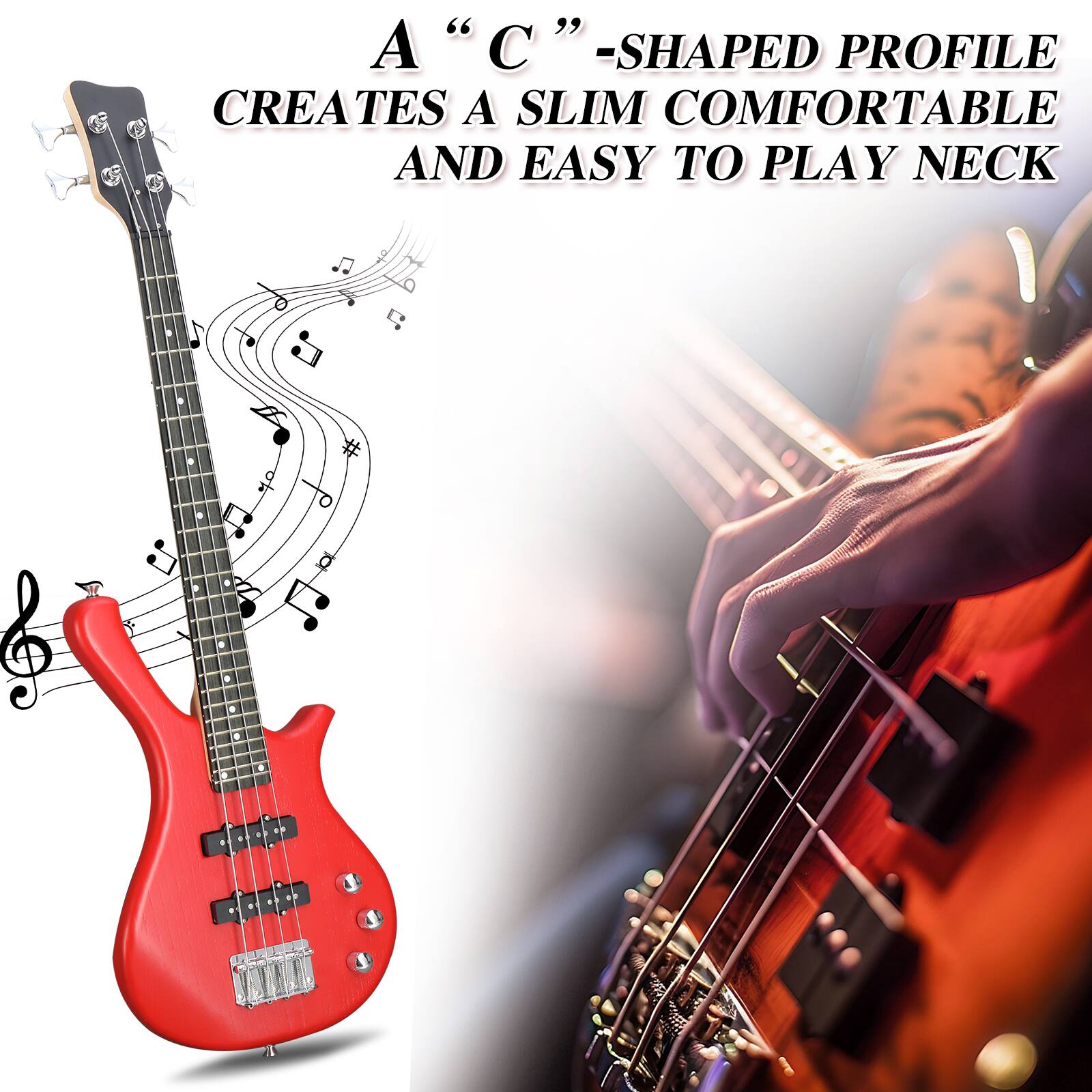 A "C"-shaped profile creates a slim comfortable and easy to play neck.