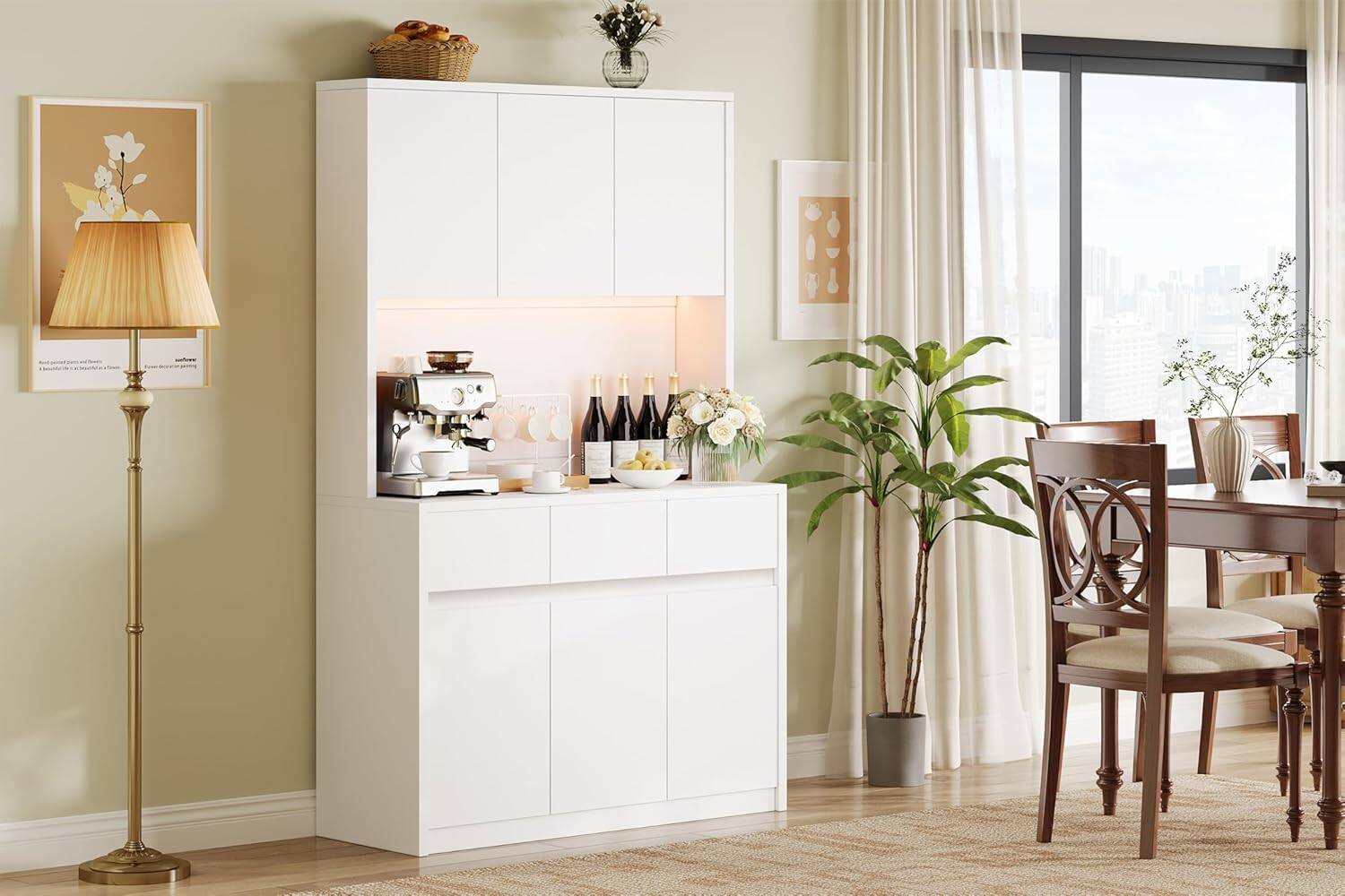 Front. Homhougo - Modern Pantry Cabinet, LED Lights & Charging, 8 Shelves, 3 Drawers, White - ‎Cream White.