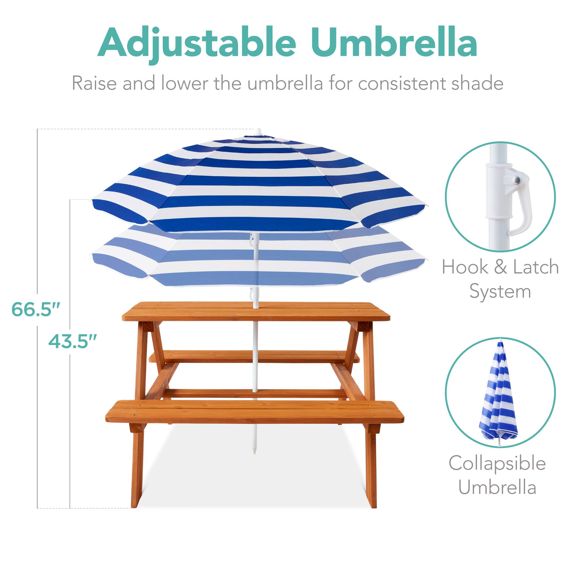 Adjustable Umbrella

Raise and lower the umbrella for consistent shade

66.5"  
43.5"

Hook & Latch System

Collapsible Umbrella