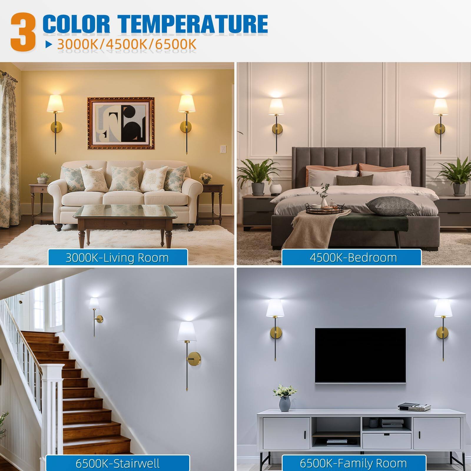 3 COLOR TEMPERATURE  
3000K/4500K/6500K  

3000K - Living Room  
4500K - Bedroom  
6500K - Stairwell  
6500K - Family Room