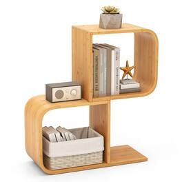 Gymax - Bamboo Geometric Bookshelf 2-Tier S-Shaped Bookcase w/ Anti-tipping Device - Natural