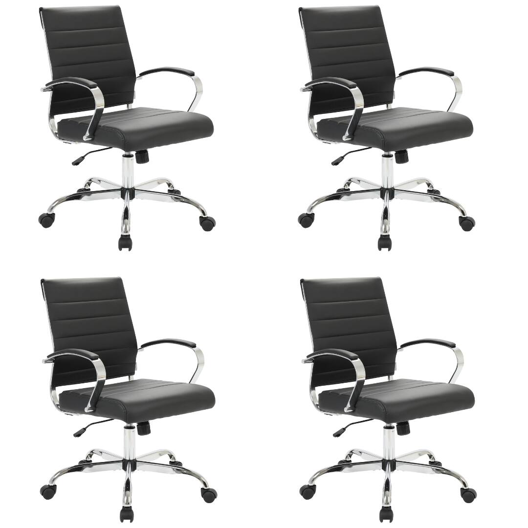 Front. LeisureMod - Set of 4 Benmar Modern Leather Upholstered Swivel Office Chair with Ribbed Seat and Steel Frame - Black.