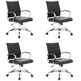 LeisureMod - Set of 4 Benmar Modern Leather Upholstered Swivel Office Chair with Ribbed Seat and Steel Frame - Black