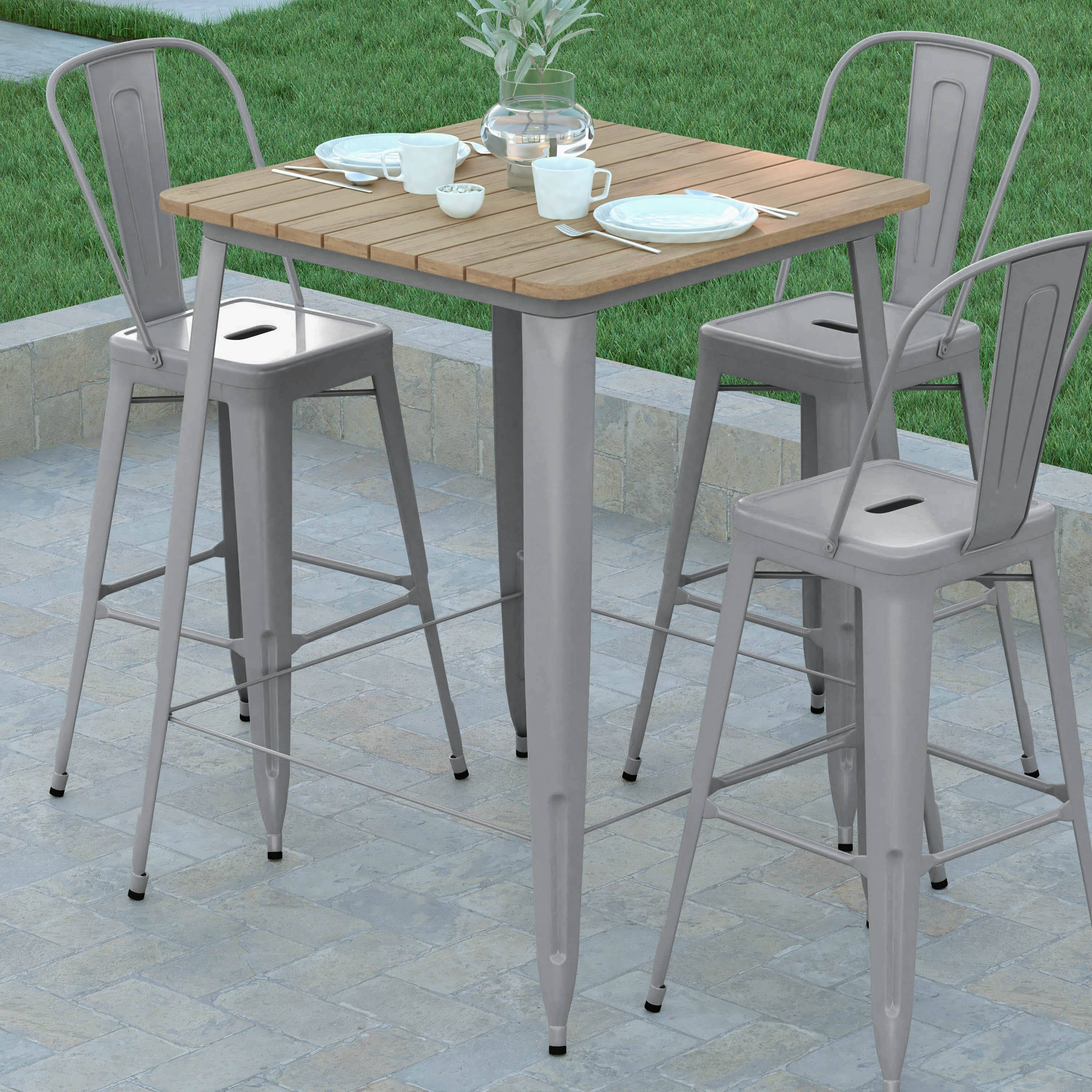 Alt View 3. Emma + Oliver - Drew Indoor/Outdoor Bar Top Table, 31.5" Square All Weather Poly Resin Top with Steel base - Brown Top/Silver Frame.