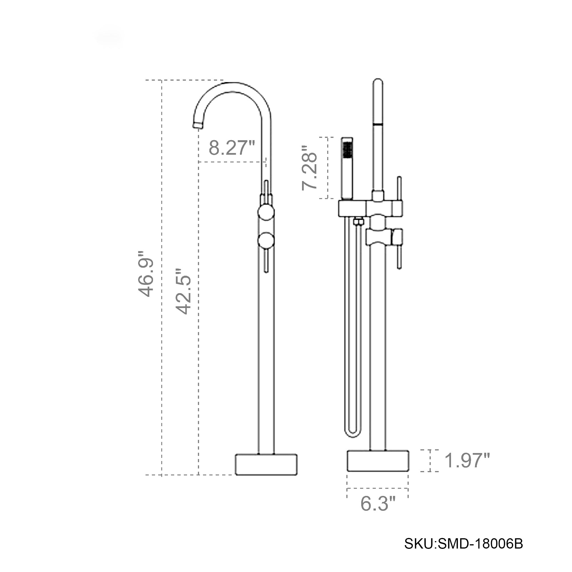 8.27", 7.28", 46.9", 42.5", 1.97", 6.3", SKU:SMD-18006B, 8006B