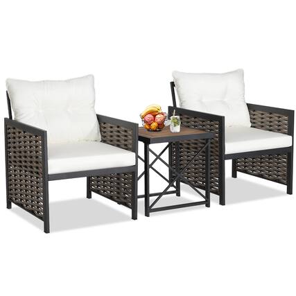 Front. Gymax - Gymax Outdoor 3 Pieces Patio Rattan Chair & Coffee Table Set Furniture Set Backyard Poolside - Brown, Black, White.