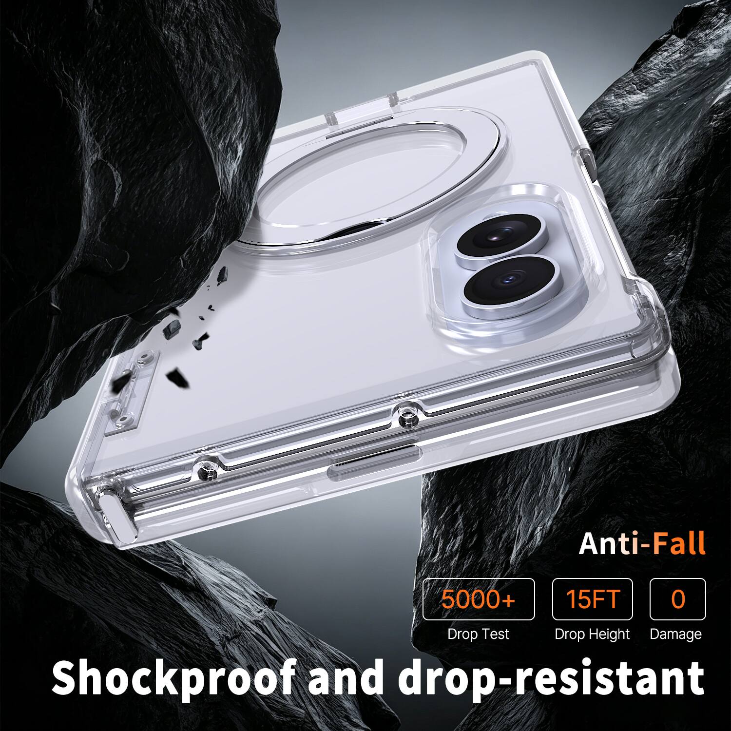 Anti-Fall  
5000+  
15FT  
0  
Drop Test Drop Height Damage Shockproof and drop-resistant