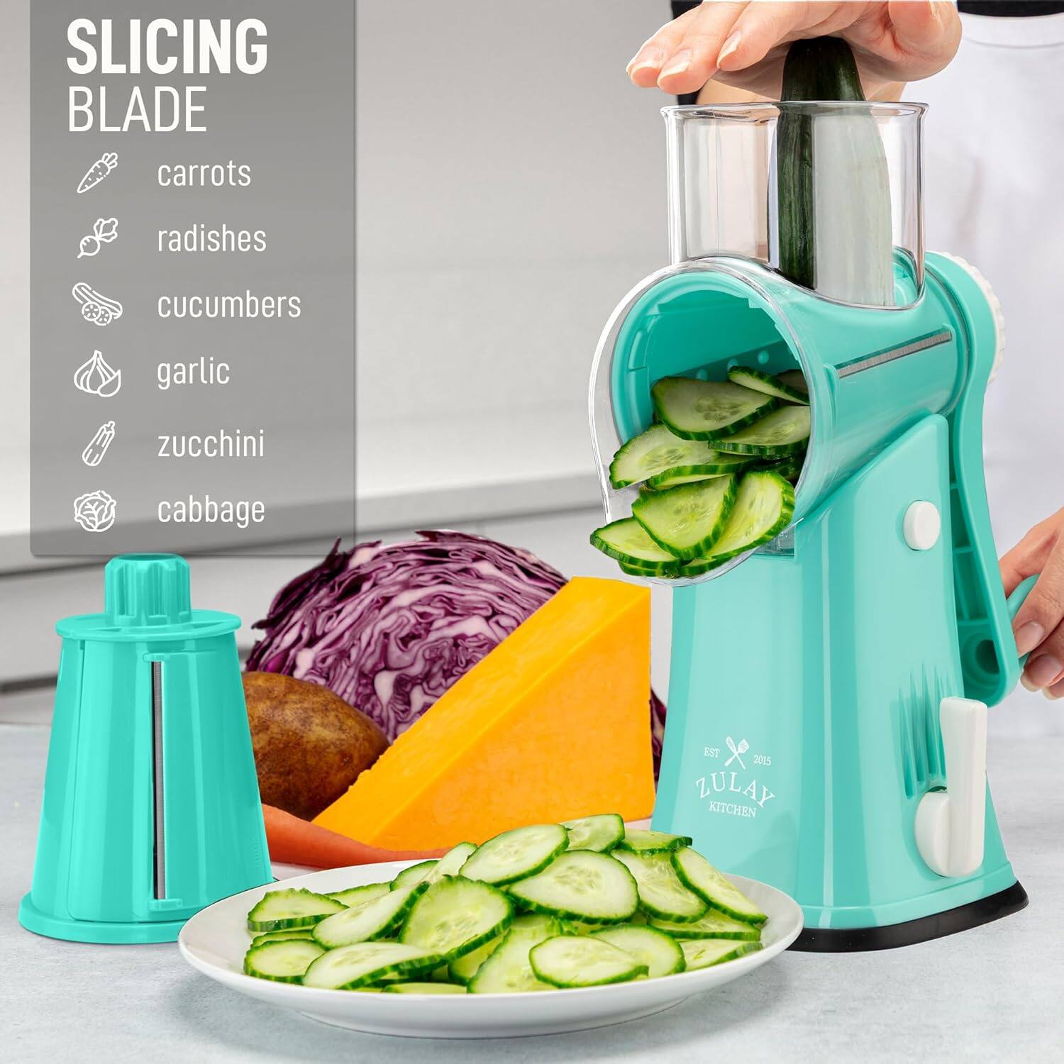 SLICING BLADE  
carrots  
radishes  
cucumbers  
garlic  
zucchini  
cabbage  

EST 2015  
ZULAY KITCHEN