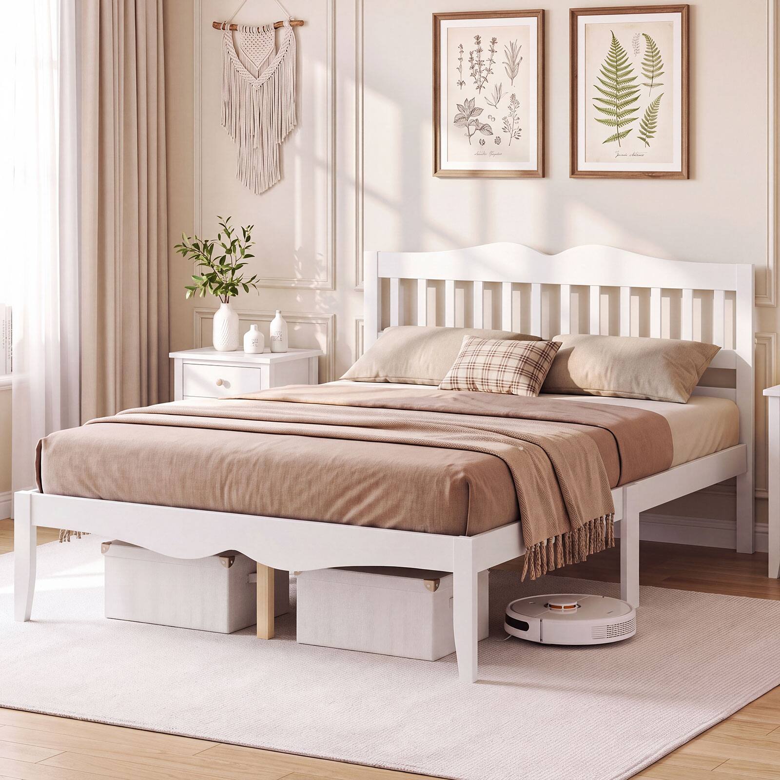 Alt View 3. Costway - Costway Full Size Platform Bed with Headboard, Solid Wood Frame, Sturdy Wood Slat Support - White.