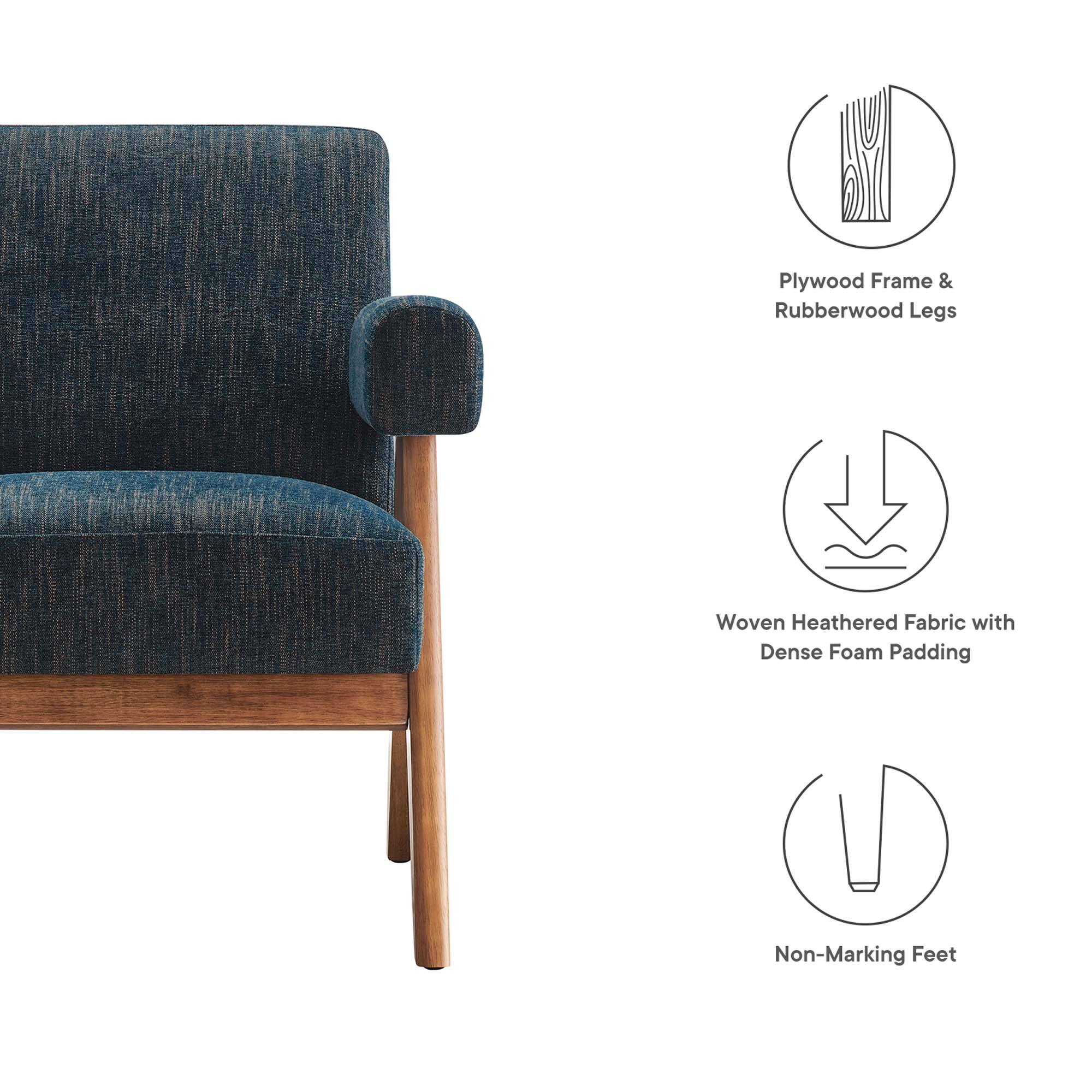 Plywood Frame & Rubberwood Legs  
Woven Heathered Fabric with Dense Foam Padding  
Non-Marking Feet
