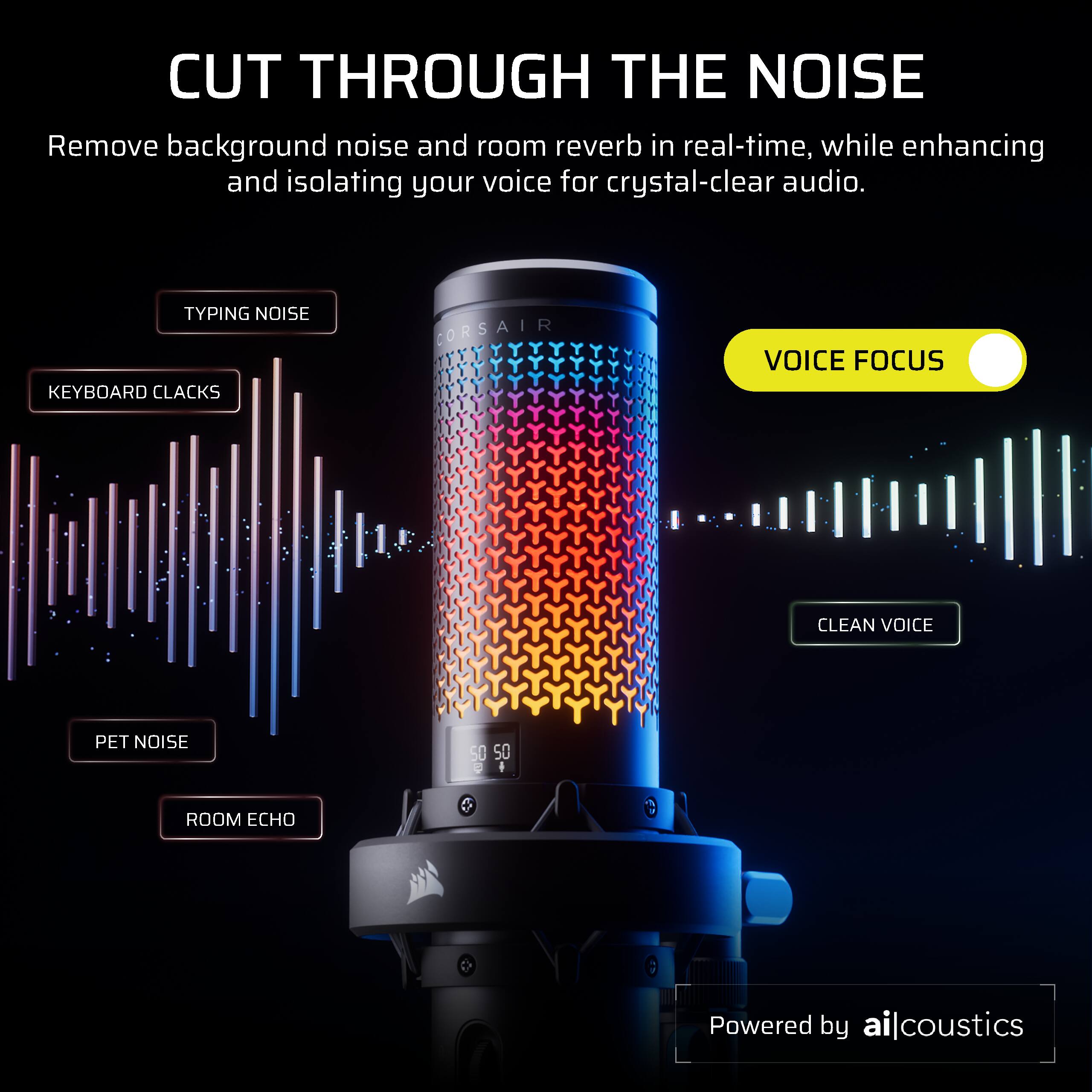 CUT THROUGH THE NOISE  
Remove background noise and room reverb in real-time, while enhancing and isolating your voice for crystal-clear audio.

- TYPING NOISE
- KEYBOARD CLACKS
- PET NOISE
- ROOM ECHO

VOICE FOCUS  
CLEAN VOICE

Powered by ailcoustics