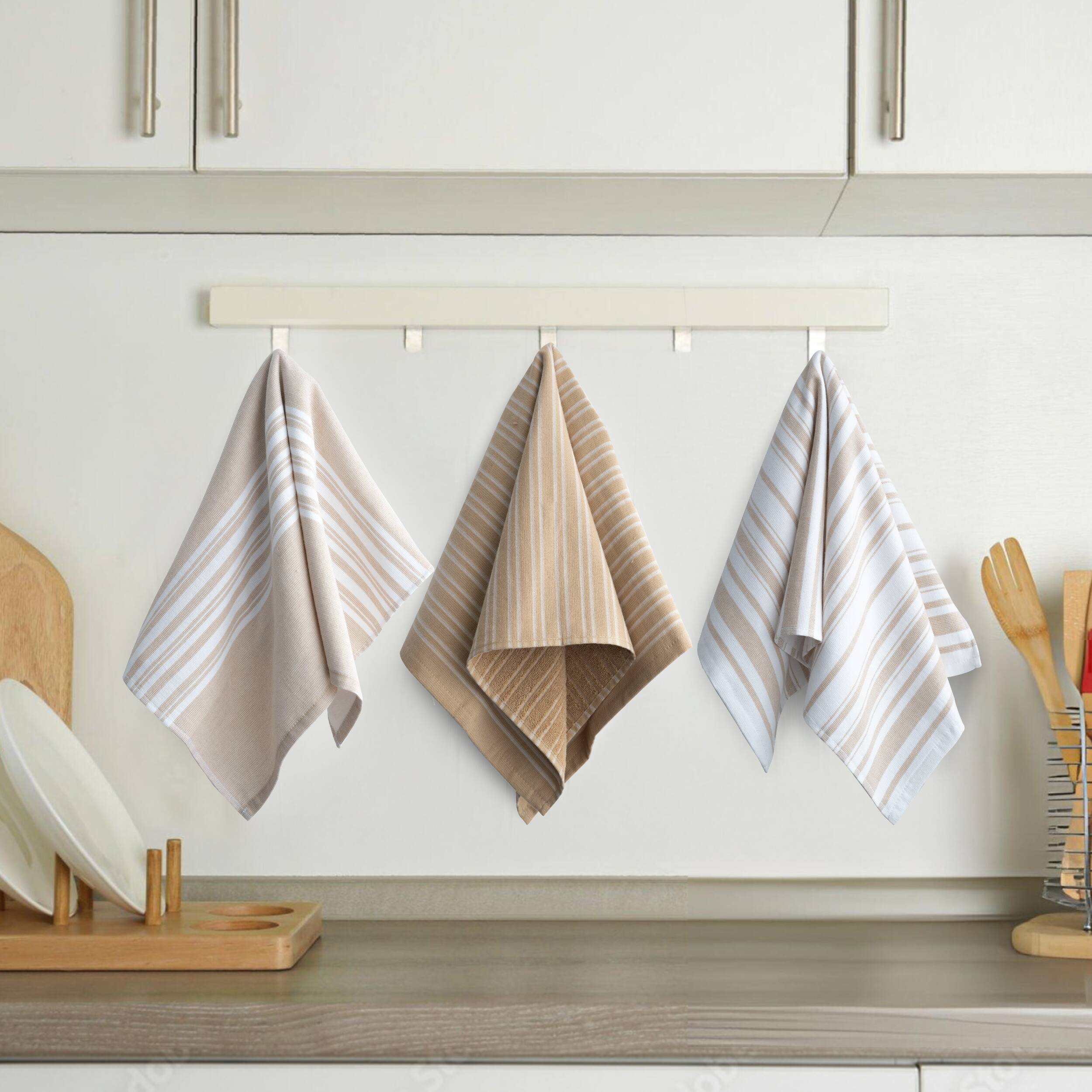 Alt View 3. Lux Decor Collection - 6-Piece 100% Cotton Kitchen Towel Set 16x26, Highly Absorbent Terry Dish Towels, Soft & Durable, Striped & Waffle Design - Khaki.