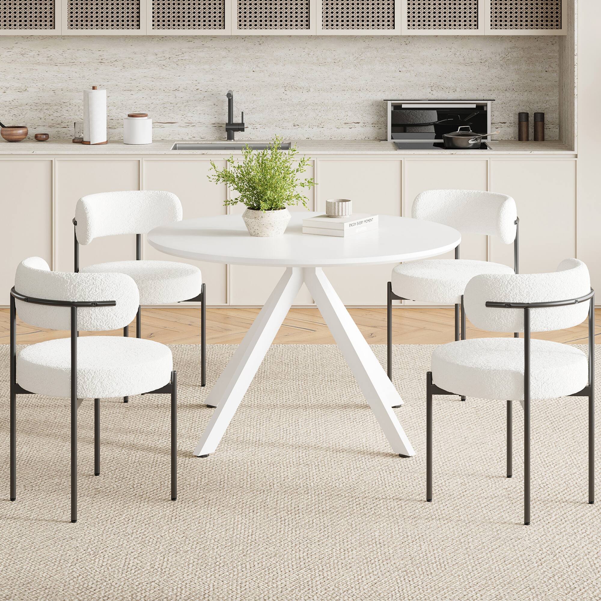 Left. GOODSILO - Solid Wood Round Dining Table with X-Shaped Pedestal Base - Seats 4-6 People Comfortably - White.