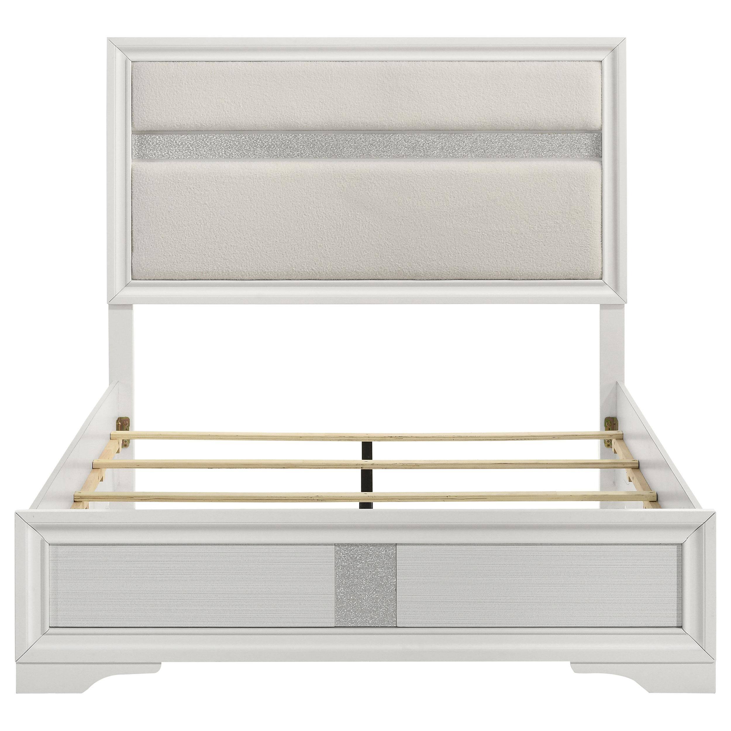 Alt View 1. Manhattan Lane - Vino Queen Size Bed, Panel Headboard White Upholstery, Glitter Stripe - White.
