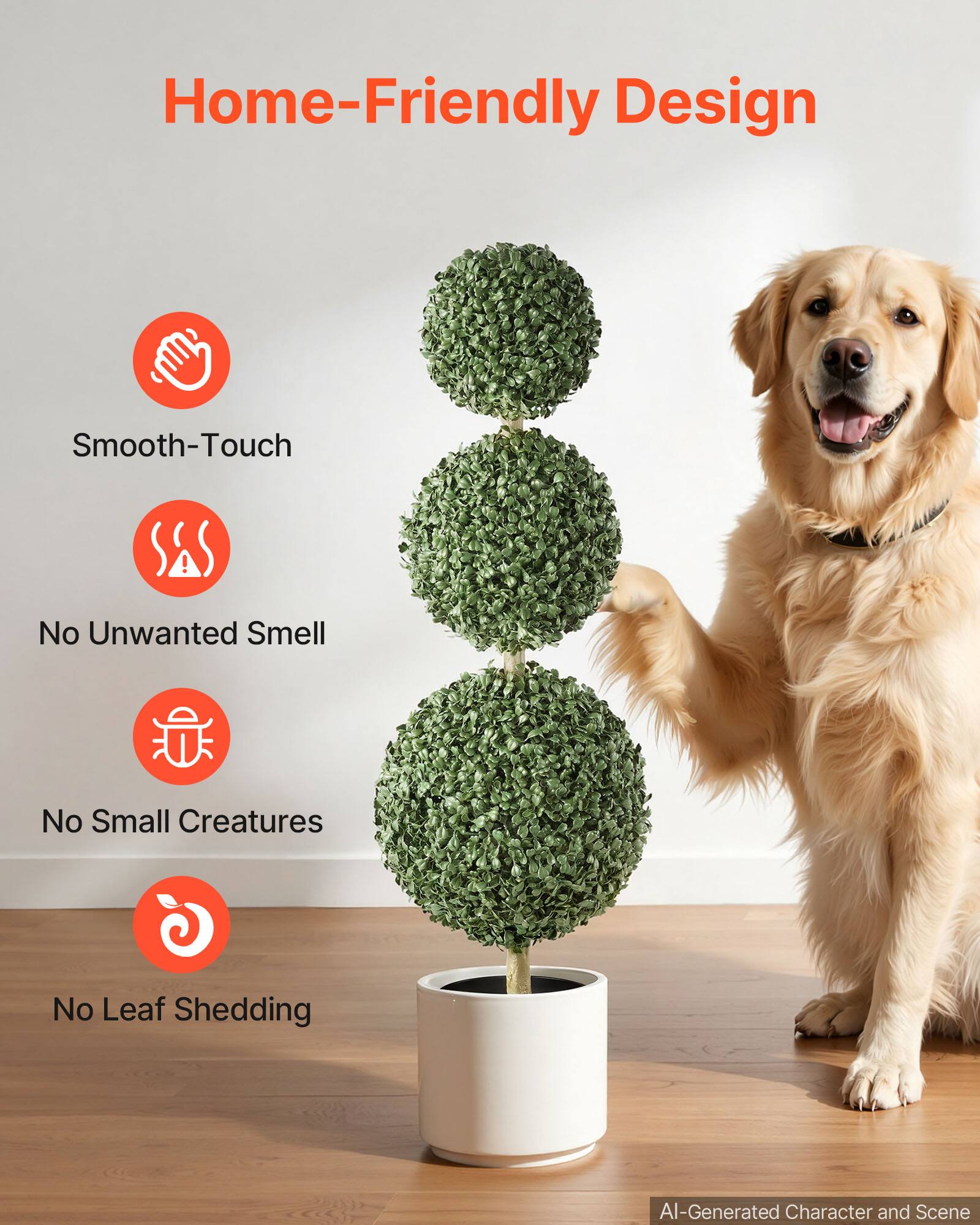 Home-Friendly Design

- Smooth-Touch
- No Unwanted Smell
- No Small Creatures
- No Leaf Shedding

AI-Generated Character and Scene