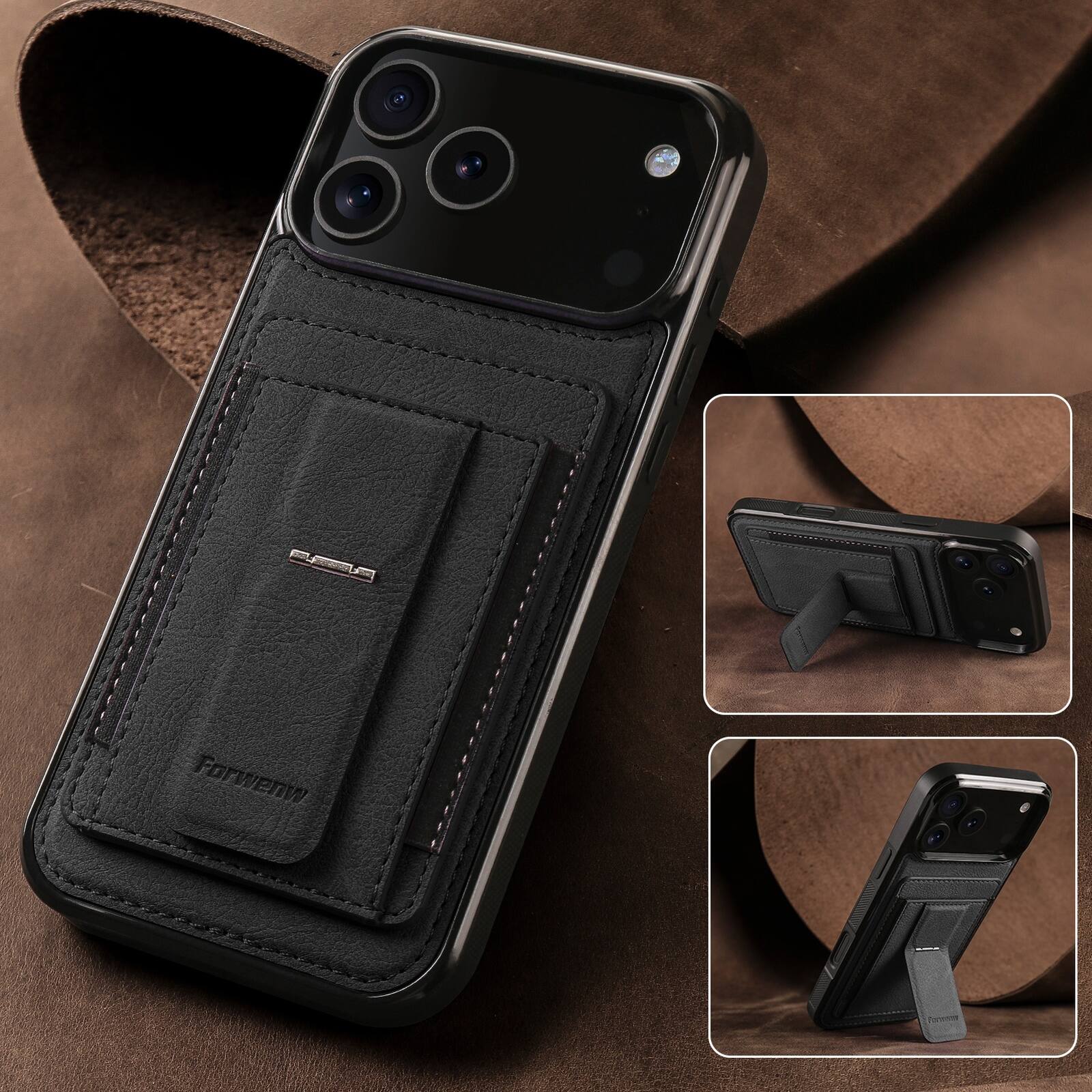 Left. Dteck - Slim Card Holder Case for Apple iPhone 17 Pro Max, Shockproof Wallet Protective Cover with Kickstand - Black.
