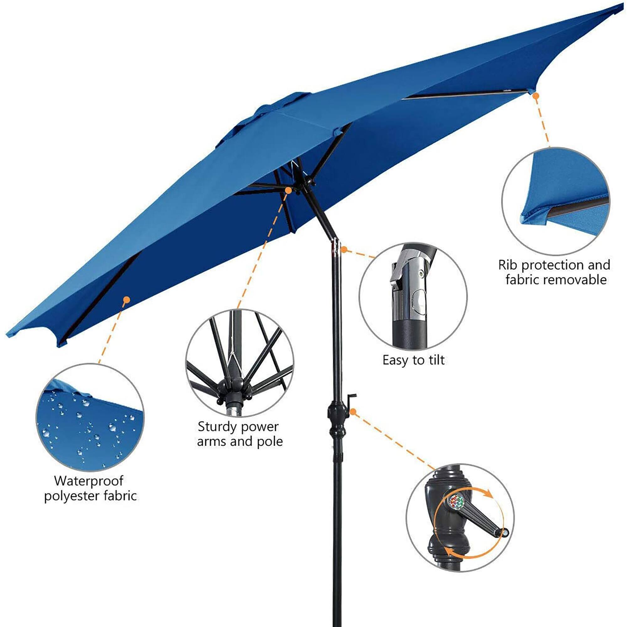 - Rib protection and fabric removable
- Easy to tilt
- Sturdy power arms and pole
- Waterproof polyester fabric