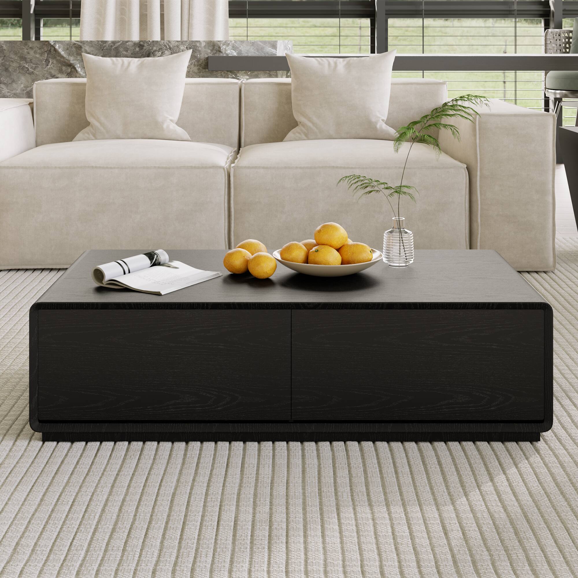 POVISON - 51" Fully-Assembled Rectangular Wood Coffee Table with Storage, Mid-Century Coffee Table with 4 Drawers - Black
