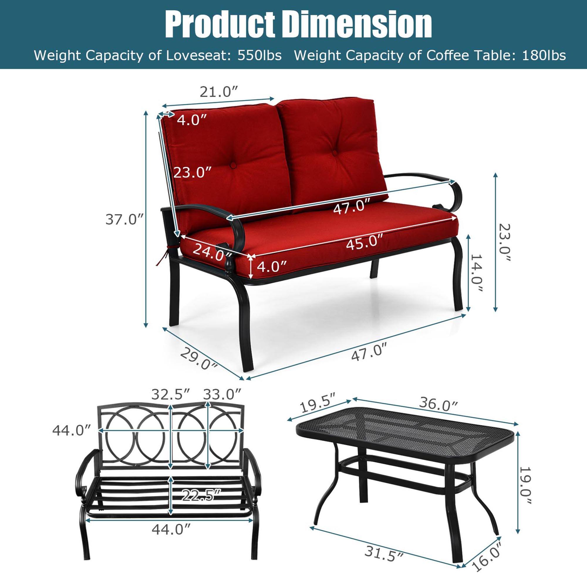 Product Dimension

Weight Capacity of Loveseat: 550lbs  
Weight Capacity of Coffee Table: 180lbs  

- Loveseat:  
  - 21.0"  
  - 4.0"  
  - 23.0"  
  - 37.0"  
  - 24.0"  
  - 4.0"  
  - 47.0"  
  - 45.0"  
  - 14.0"  
  - 23.0"  
  - 44.0"  
  - 29.0"  
  - 32.5"  
  - 33.0"  
  - 47.0"  
  - 19.5"  
  - 36.0"  
  - 22.5"  
  - 44.0"  
  - 31.5"  
  - 19.0"  
  - 16.0"  

- Coffee Table:  
  - 36.0"  
  - 19.5"  
  - 