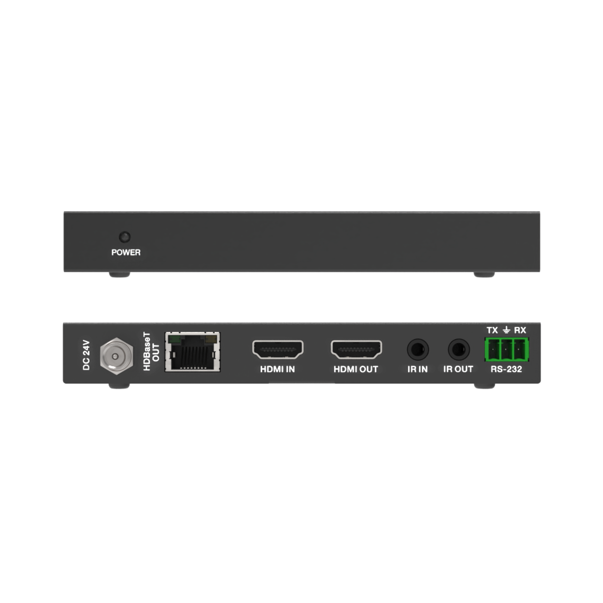 POWER, 24V DC, HDBaseT OUT, HDMI IN, HDMI OUT, IR IN, IR OUT, TX RX, RS-232