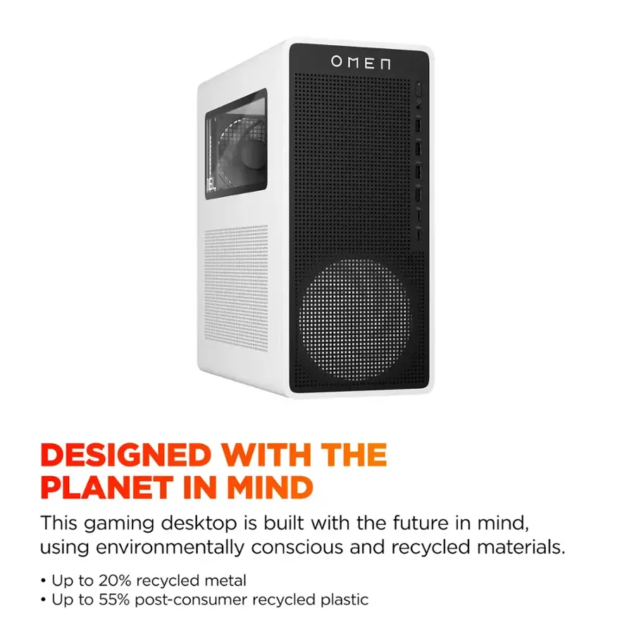 Designed with the Planet in Mind: This gaming desktop is built with the future in mind, using environmentally conscious and recycled materials. Up to 20% recycled metal and up to 55% post-consumer recycled plastic.