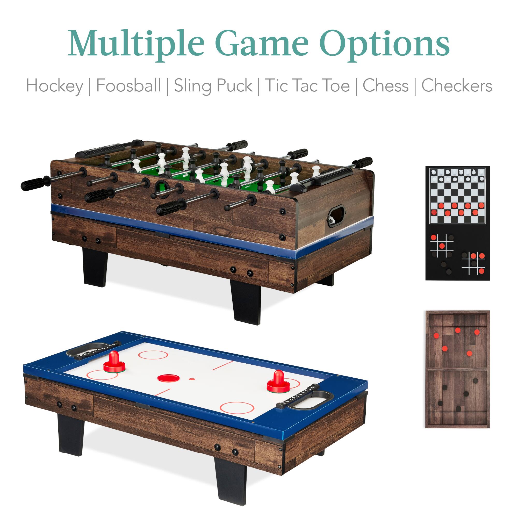 Multiple Game Options: Hockey | Foosball | Sling Puck | Tic Tac Toe | Chess | Checkers