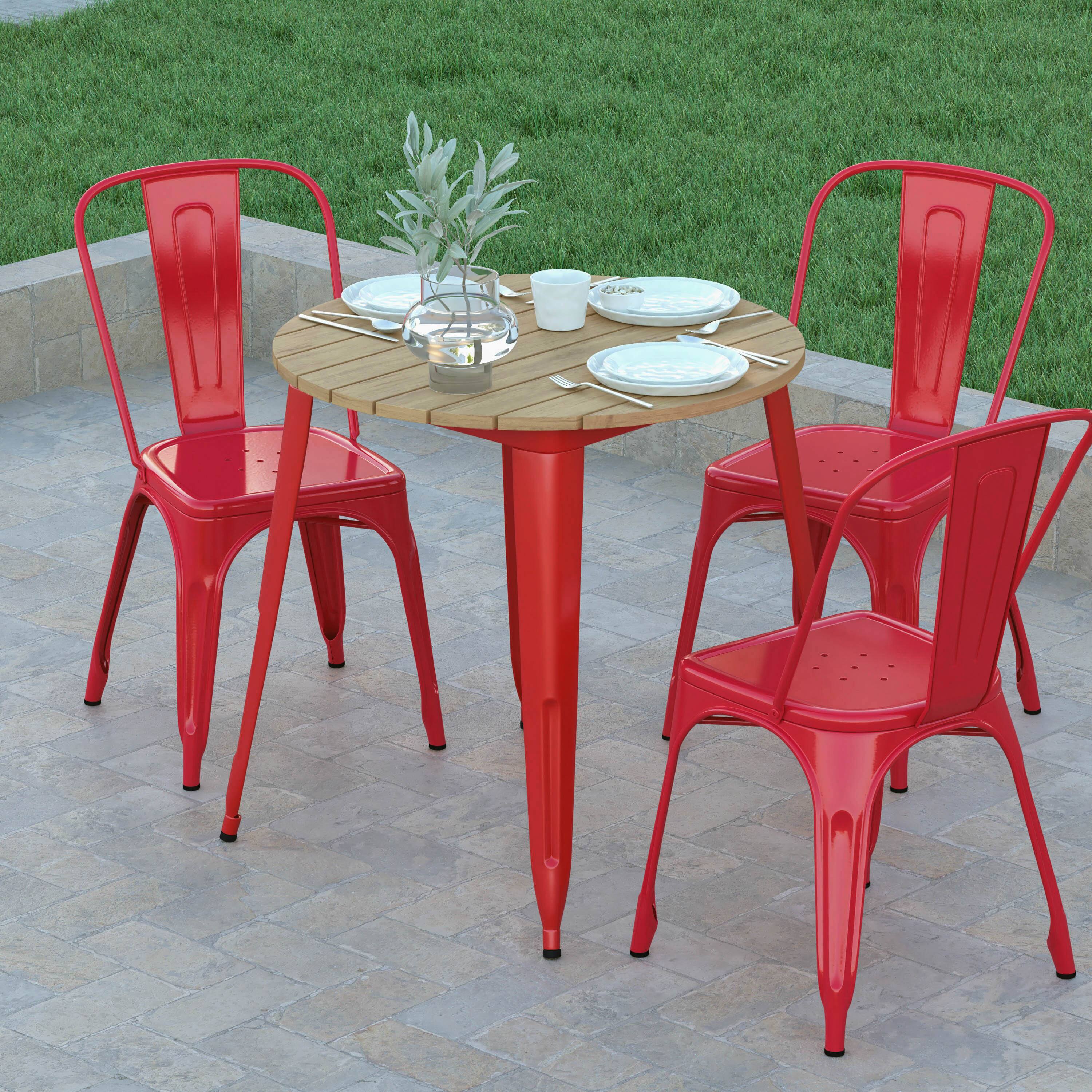 Alt View 3. Emma + Oliver - Drew Indoor/Outdoor Dining Table, 30" Round All Weather Poly Resin Top with Steel Base - Brown Top/Red Frame.