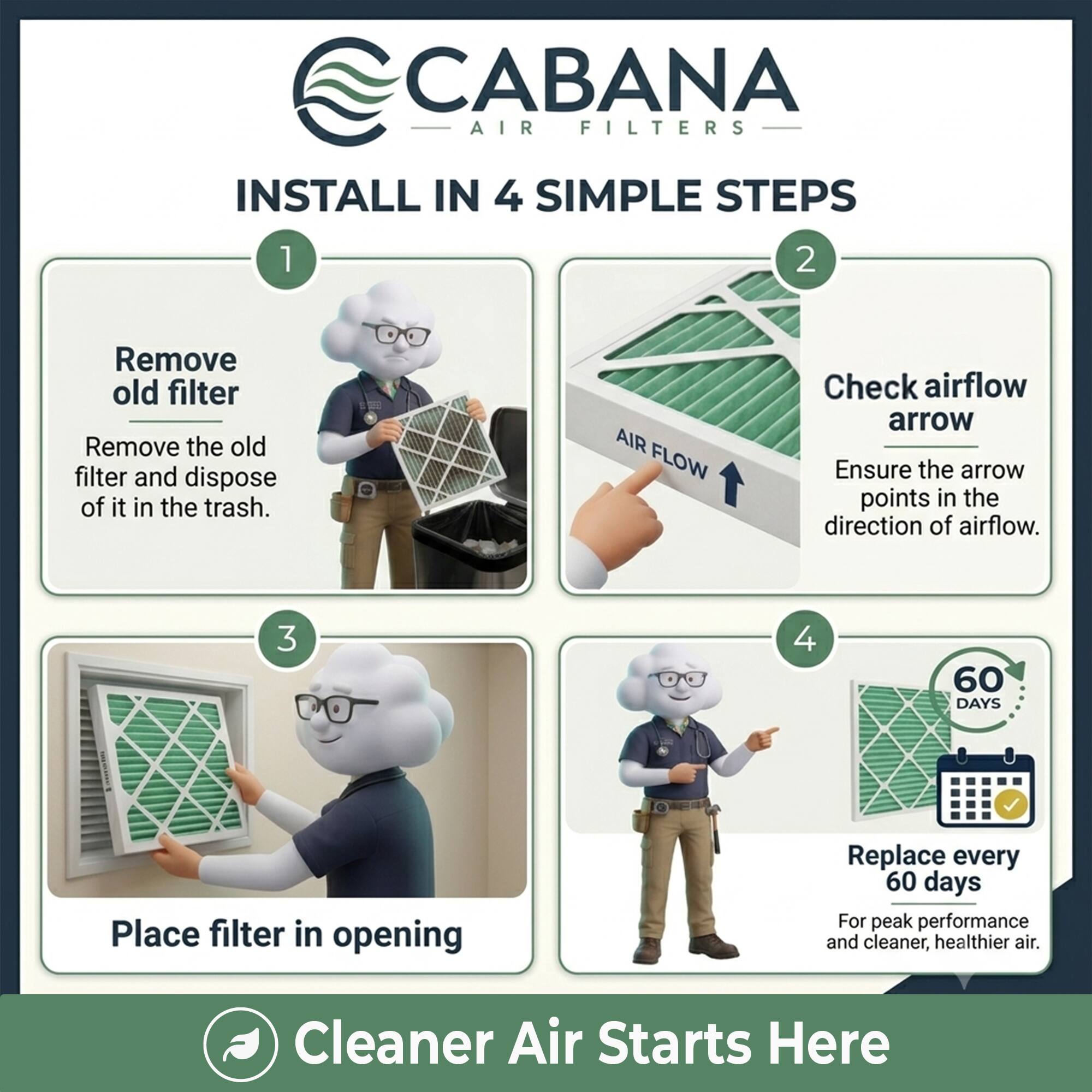 CABANA AIR FILTERS INSTALL IN 4 SIMPLE STEPS

1. Remove old filter
   - Remove the old filter and dispose of it in the trash.

2. Check airflow arrow
   - Ensure the arrow points in the direction of airflow.

3. Place filter in opening

4. Replace every 60 days
   - For peak performance and cleaner, healthier air.

Cleaner Air Starts Here