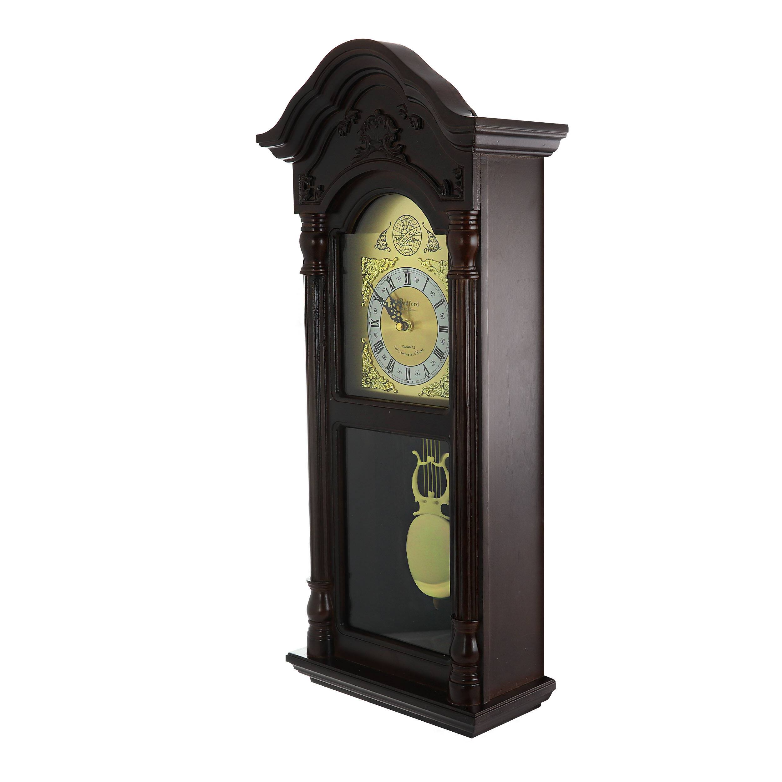 Front. Bedford Clock Collection - Bedford Clock Collection 25.5 Inch Antique Mahogany Cherry Oak Chiming Wall Clock with Roman Numerals - Brown.