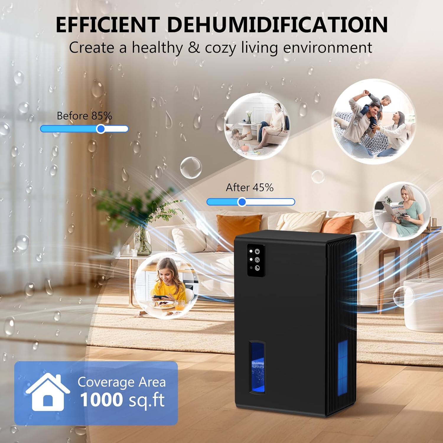 EFFICIENT DEHUMIDIFICATION  
Create a healthy & cozy living environment  

Before 85%  
After 45%  

Coverage Area  
1000 sq.ft