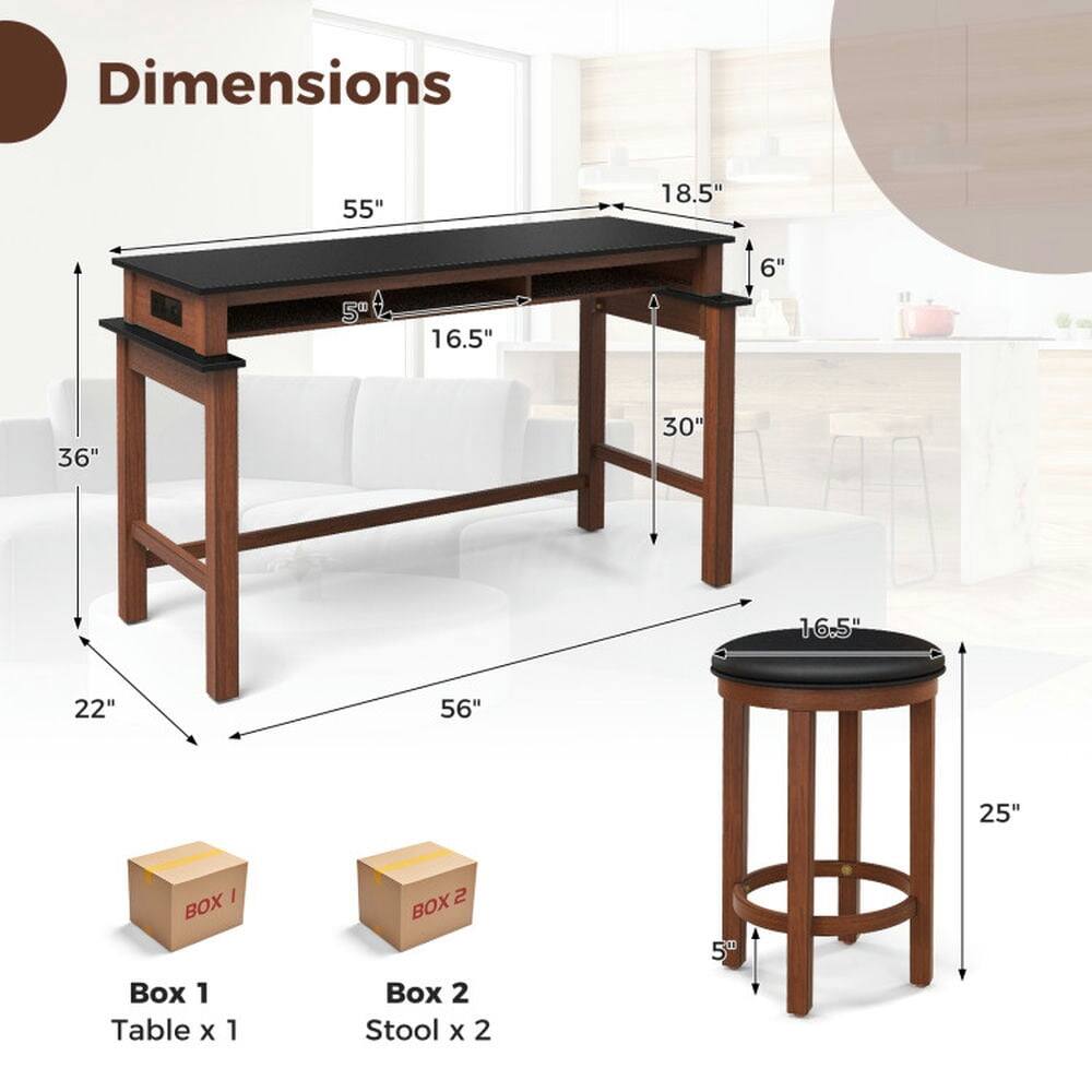Dimensions:  
55" x 18.5" x 6" x 5" x 16.5" x 36" x 30" x 22" x 56" x 25"  

Box 1: Table x 1  
Box 2: Stool x 2