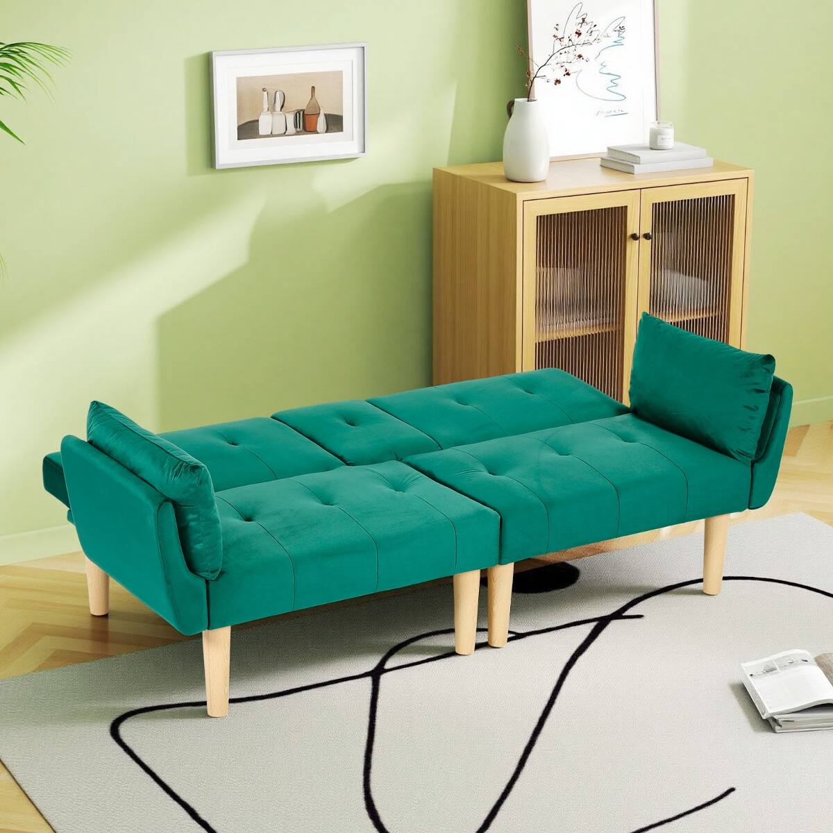 Back. Ropilly - Ropilly 72 Inch Foldable Loveseat Green Velvet 2 Seater Sofa for Living Room Apartment - Green.