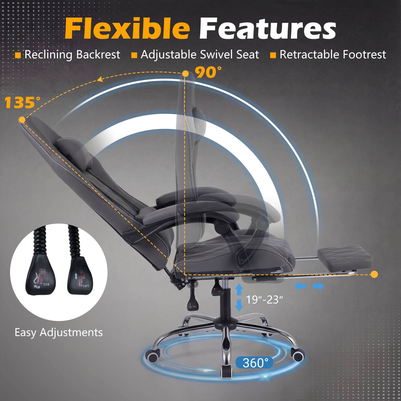 Flexible Features  
- Reclining Backrest  
- Adjustable Swivel Seat  
- Retractable Footrest  

90°  
135°  

Easy Adjustments  
19"-23"  

360°
