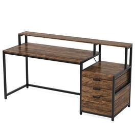 Resenkos - Kadyn Study Writing Desk,63" Computer Desk, Ergonomic Office Desk with Drawers & Monitor Stand,Rustic - Brown