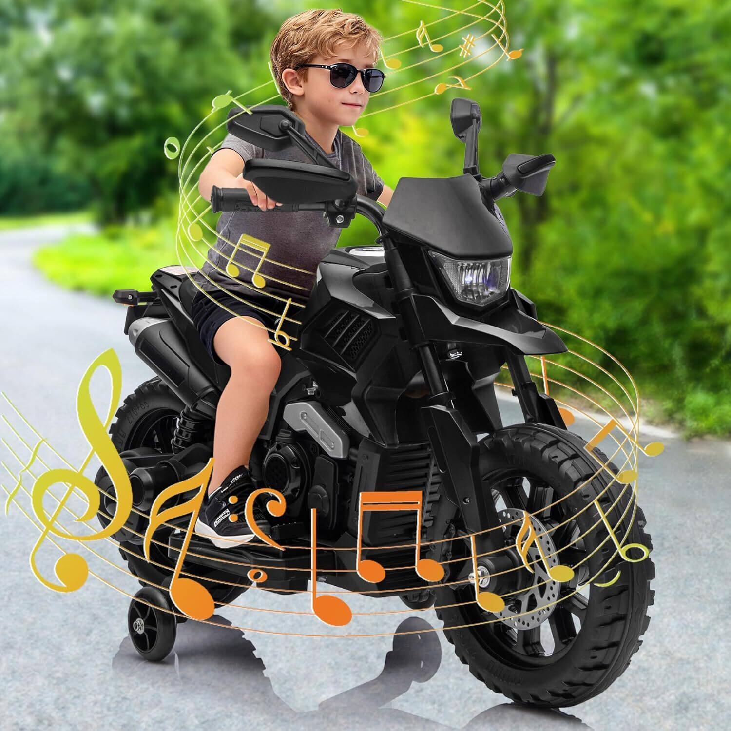 Left. Qeetex - 6v Motorcycle for Kids, Ride on Motorcycle with Traning Wheels for Best Kids Gift, Black - Black.