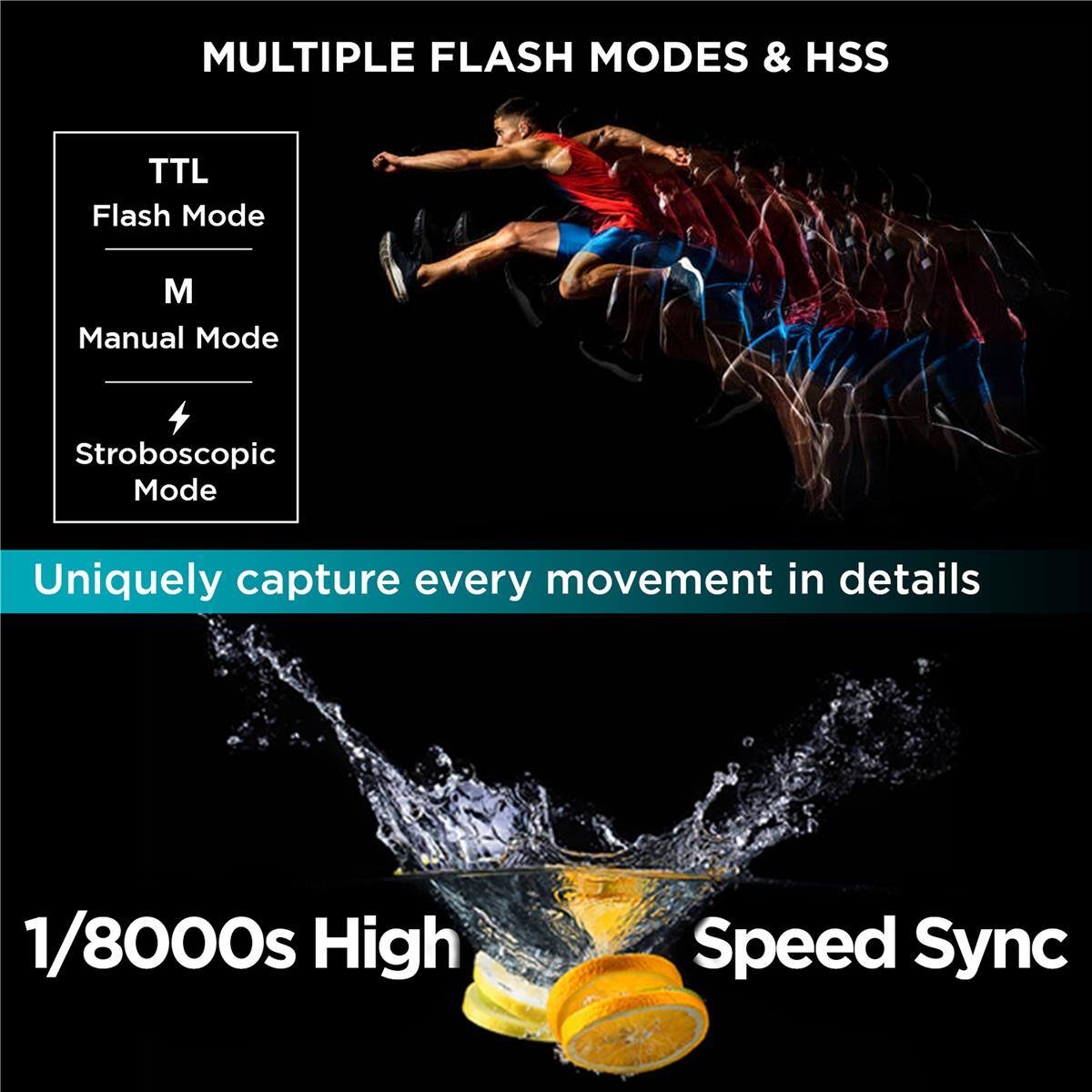 MULTIPLE FLASH MODES & HSS

TTL Flash Mode  
M Manual Mode  
Stroboscopic Mode  

Uniquely capture every movement in details  

1/8000s High Speed Sync