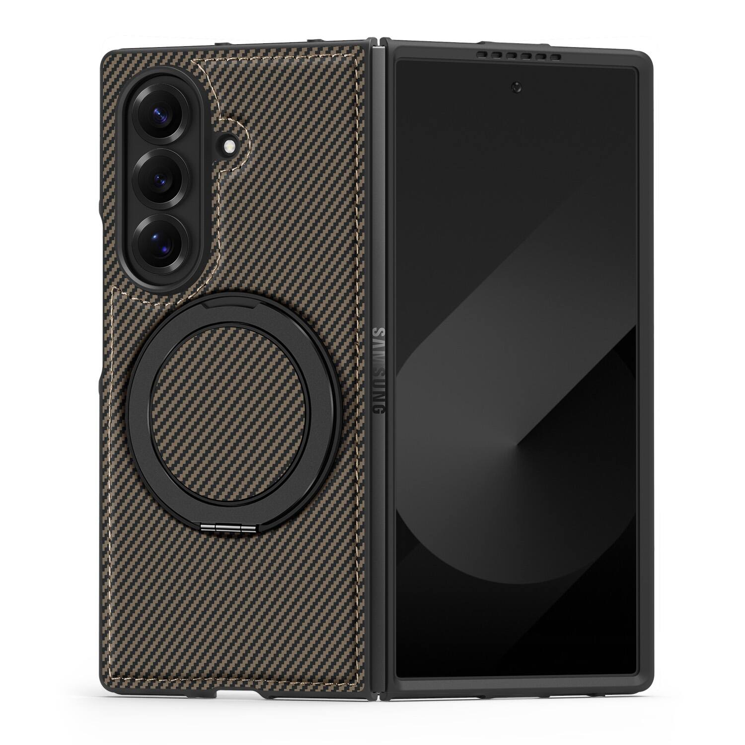 Angle. Dteck - Magnetic Case for Samsung Galaxy Z Fold7,Shockproof Hard PC Back Cover,Rugged Phone Cover with Rotatable Metal Kickstand - Coffee.