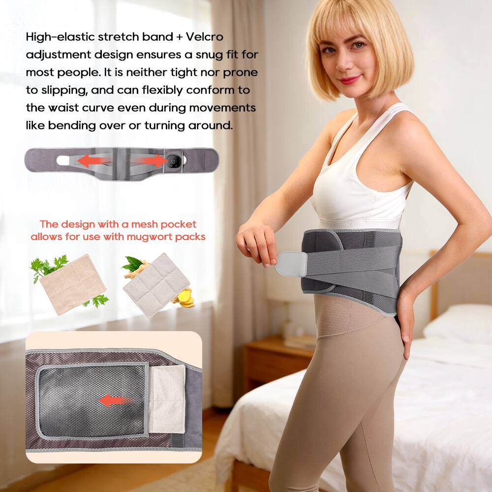 High-elastic stretch band + Velcro adjustment design ensures a snug fit for most people. It is neither tight nor prone to slipping, and can flexibly conform to the waist curve even during movements like bending over or turning around.

The design with a mesh pocket allows for use with mugwort packs.