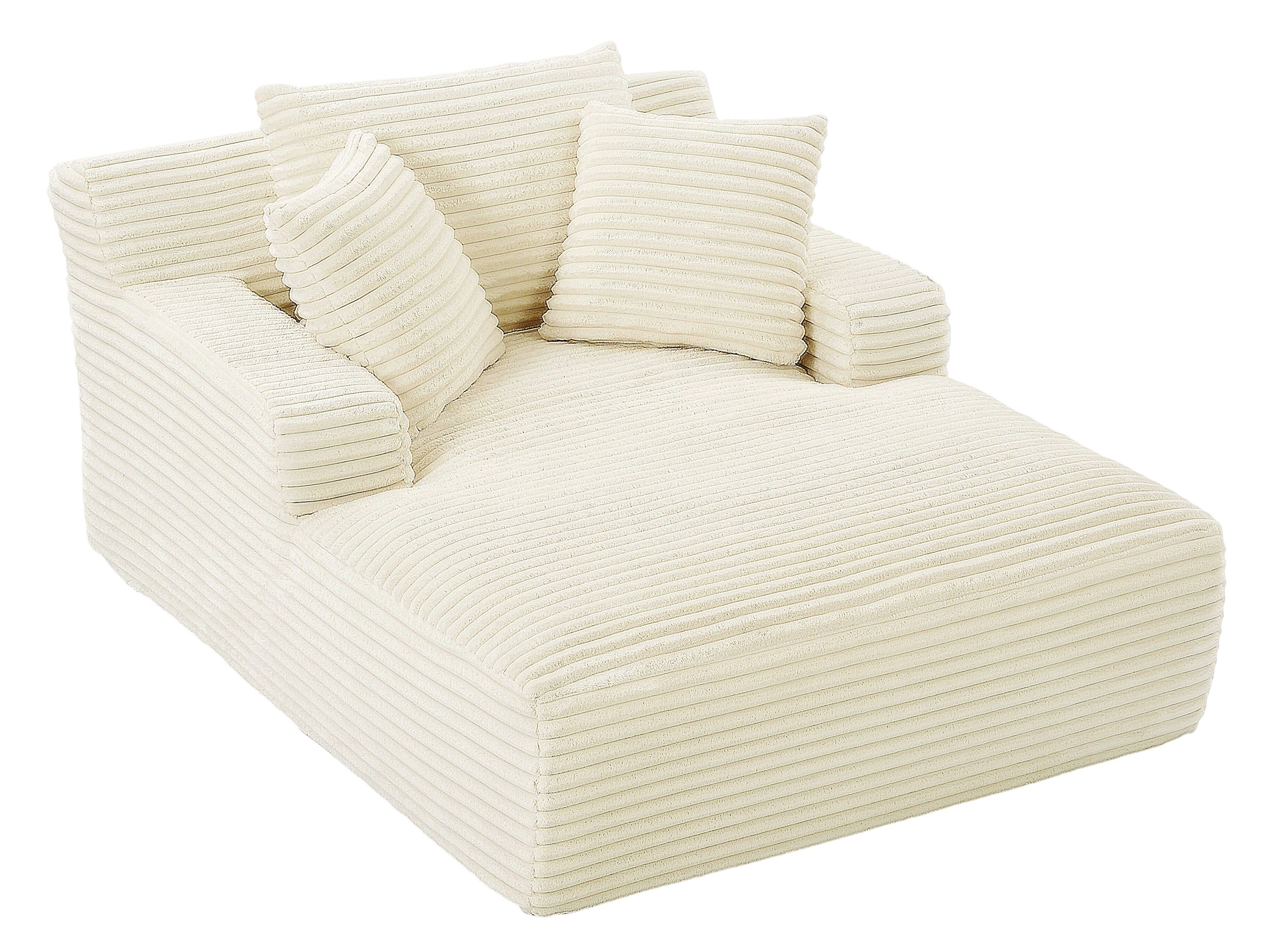 Alt View 2. Trinkets Crazed - 49.2 Inches Corduroy Chaise Lounge Indoor, Oversized Chaise Lounge Chair with 3 Throw Pillows and Armrests - White.
