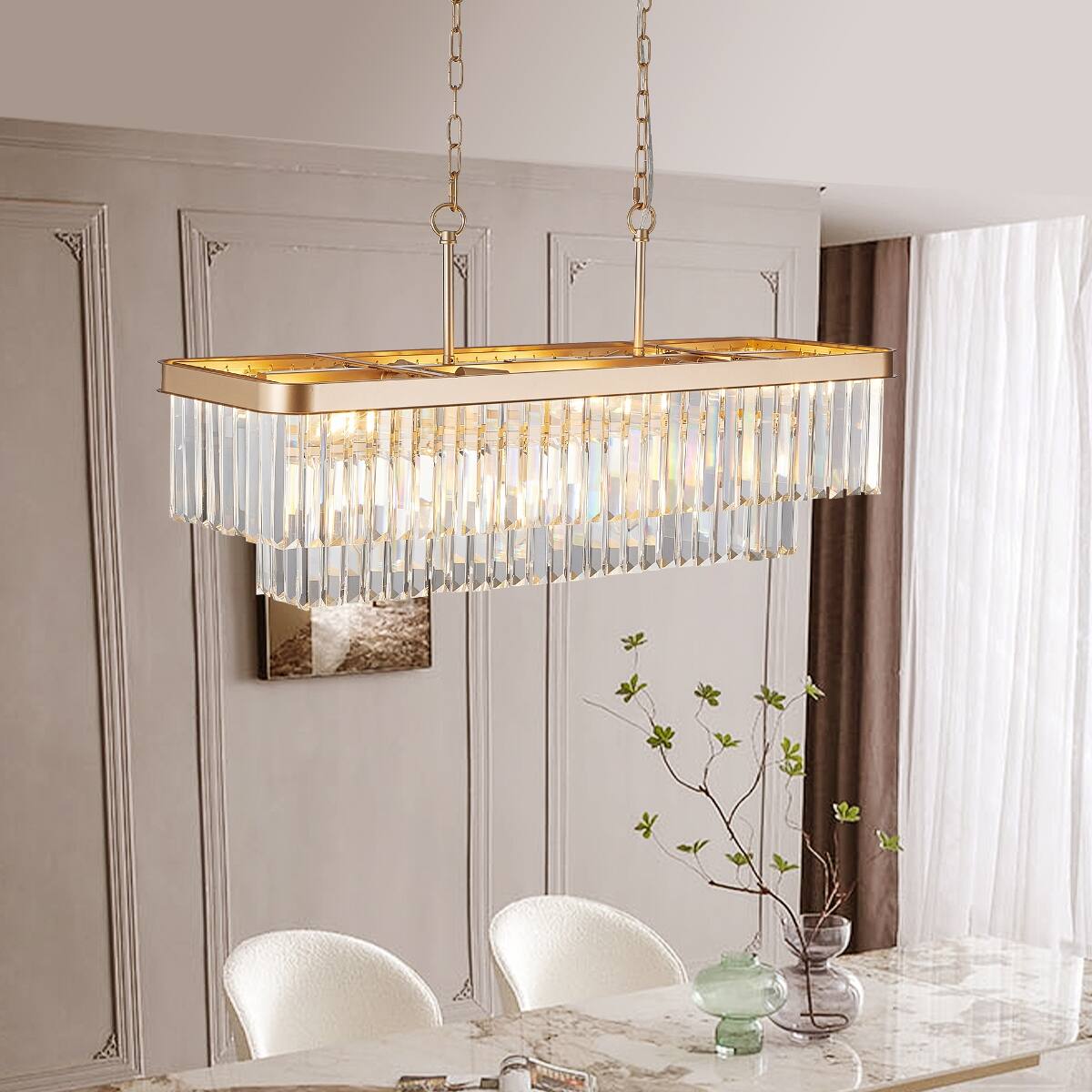Left. Loheer - Loheer Rectangular Crystal Chandelier Gold E12 Adjustable Height Light for Dining Room.