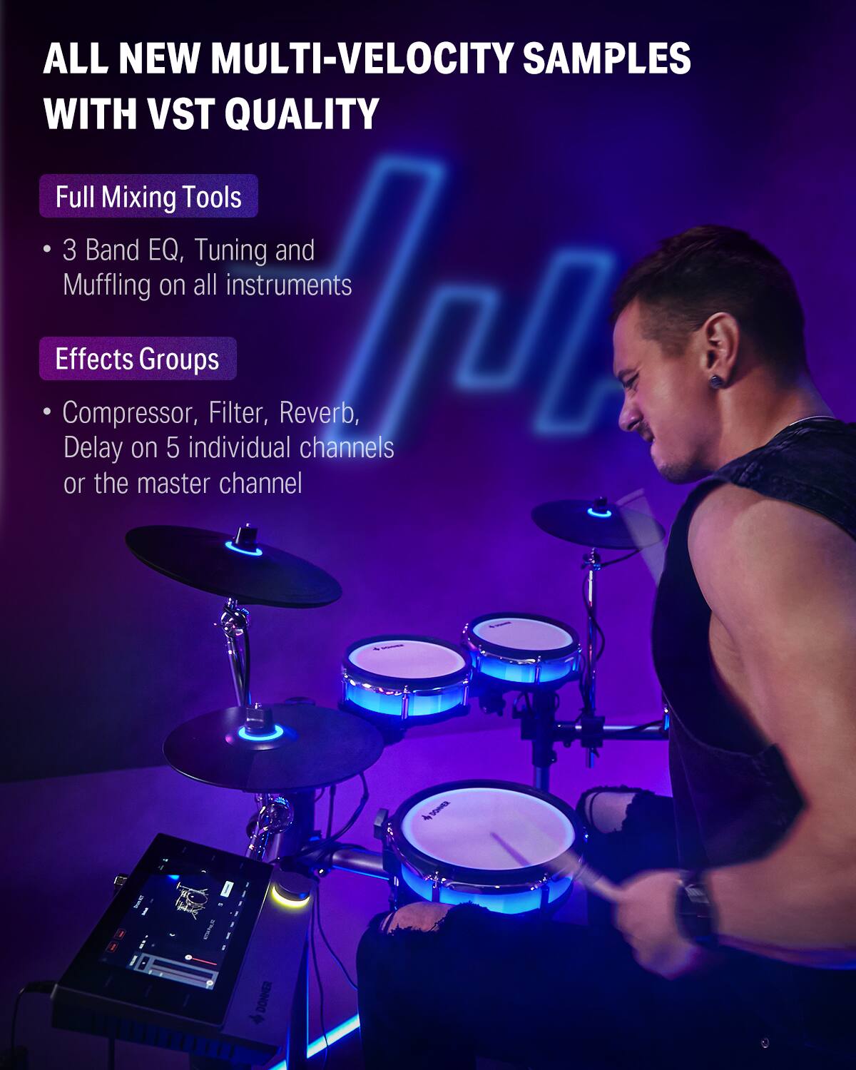 ALL NEW MULTI-VELOCITY SAMPLES WITH VST QUALITY

Full Mixing Tools
- 3 Band EQ, Tuning and Muffling on all instruments

Effects Groups
- Compressor, Filter, Reverb, Delay on 5 individual channels or the master channel
