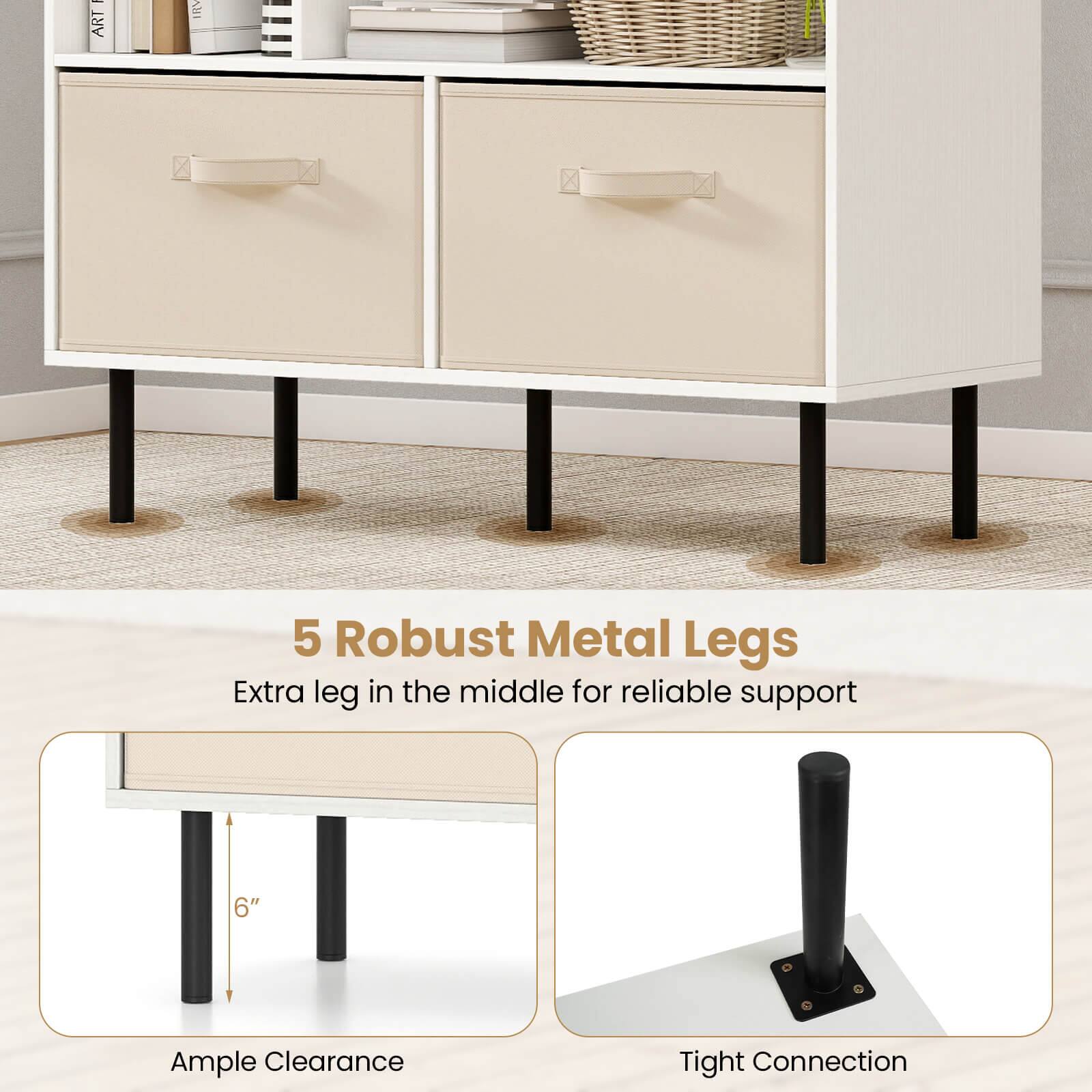 5 Robust Metal Legs  
Extra leg in the middle for reliable support  

Ample Clearance  
6"  

Tight Connection